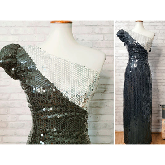 Alyce Designs 1980s sequin evening gown prom dress, one shoulder, black and white, silver, vintage size 6, XS 30 bust