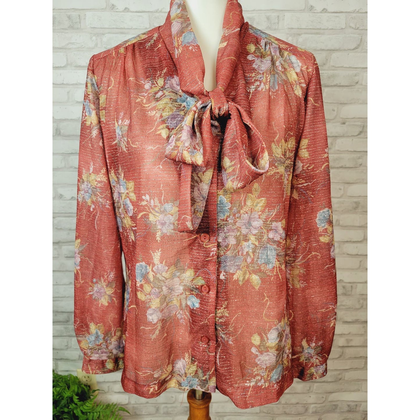 Secretary bow blouse size 14 Prince of Dallas semi-sheer rust floral 1970s vintage