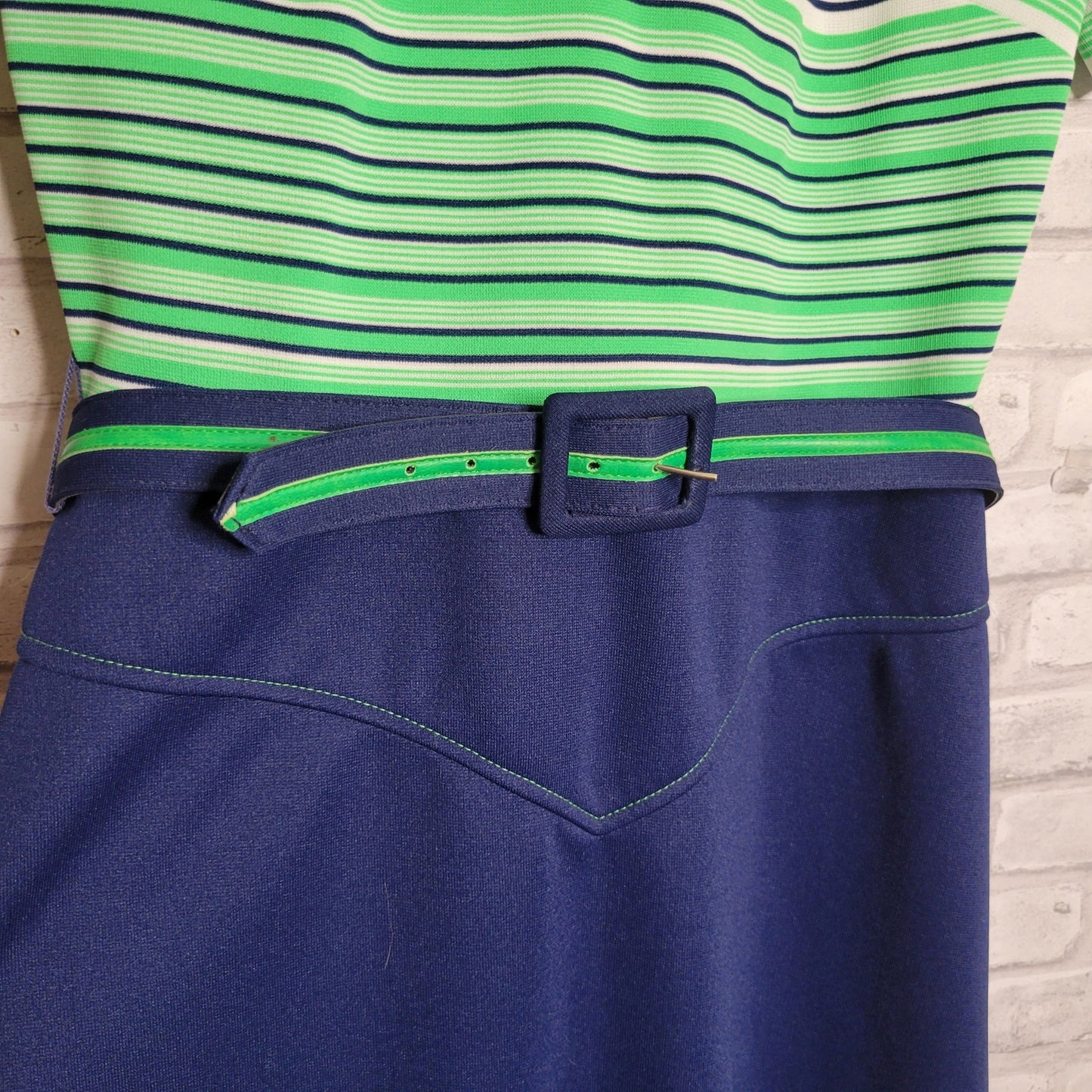 Vintage 2-piece dress jacket set in sporty navy blue green stripe sz 16 Jerrie Lurie