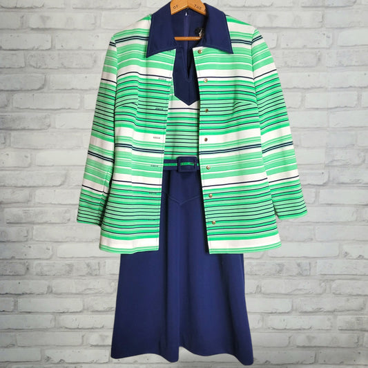 Vintage 2-piece dress jacket set in sporty navy blue green stripe sz 16 Jerrie Lurie