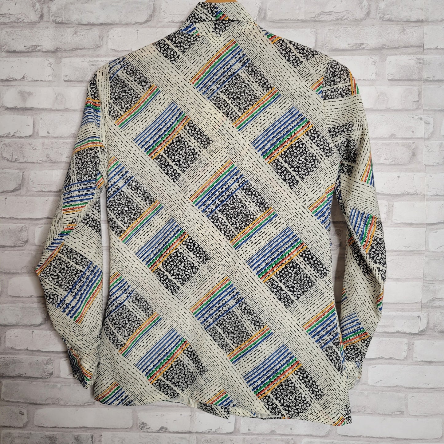 1980s bow blouse multi-color plaid geometric lightweight polyester size M