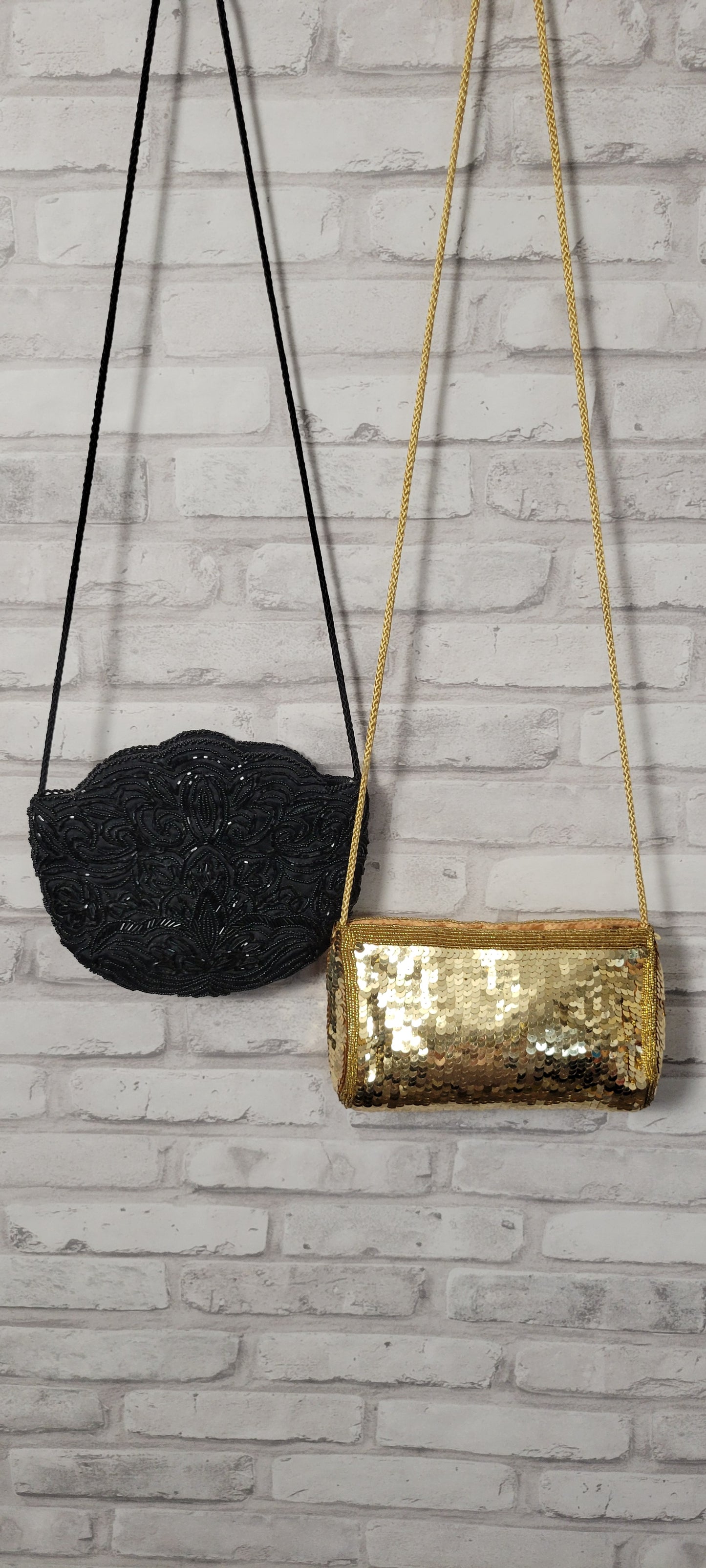 2 1980s evening bags beaded sequined black and gold