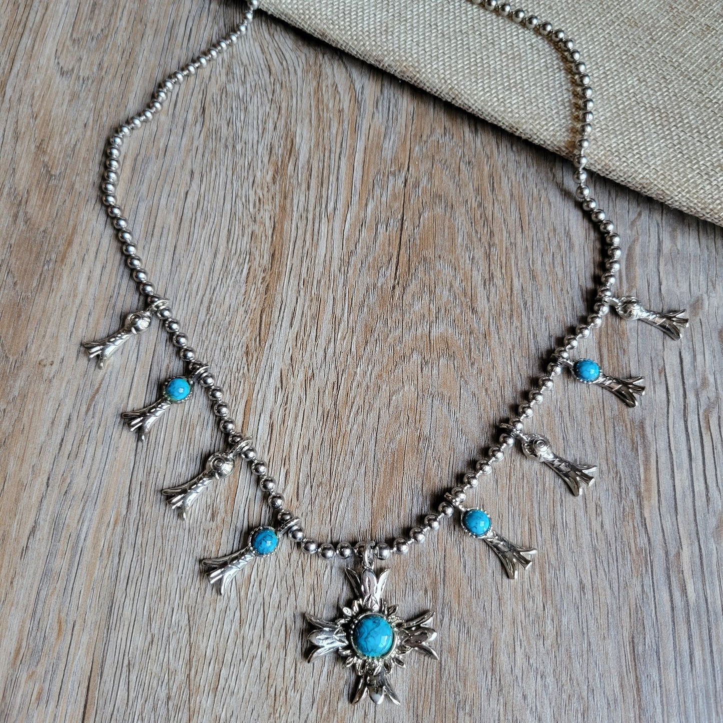 1970s vintage faux turquoise squash blossom necklace silver tone 24 inches