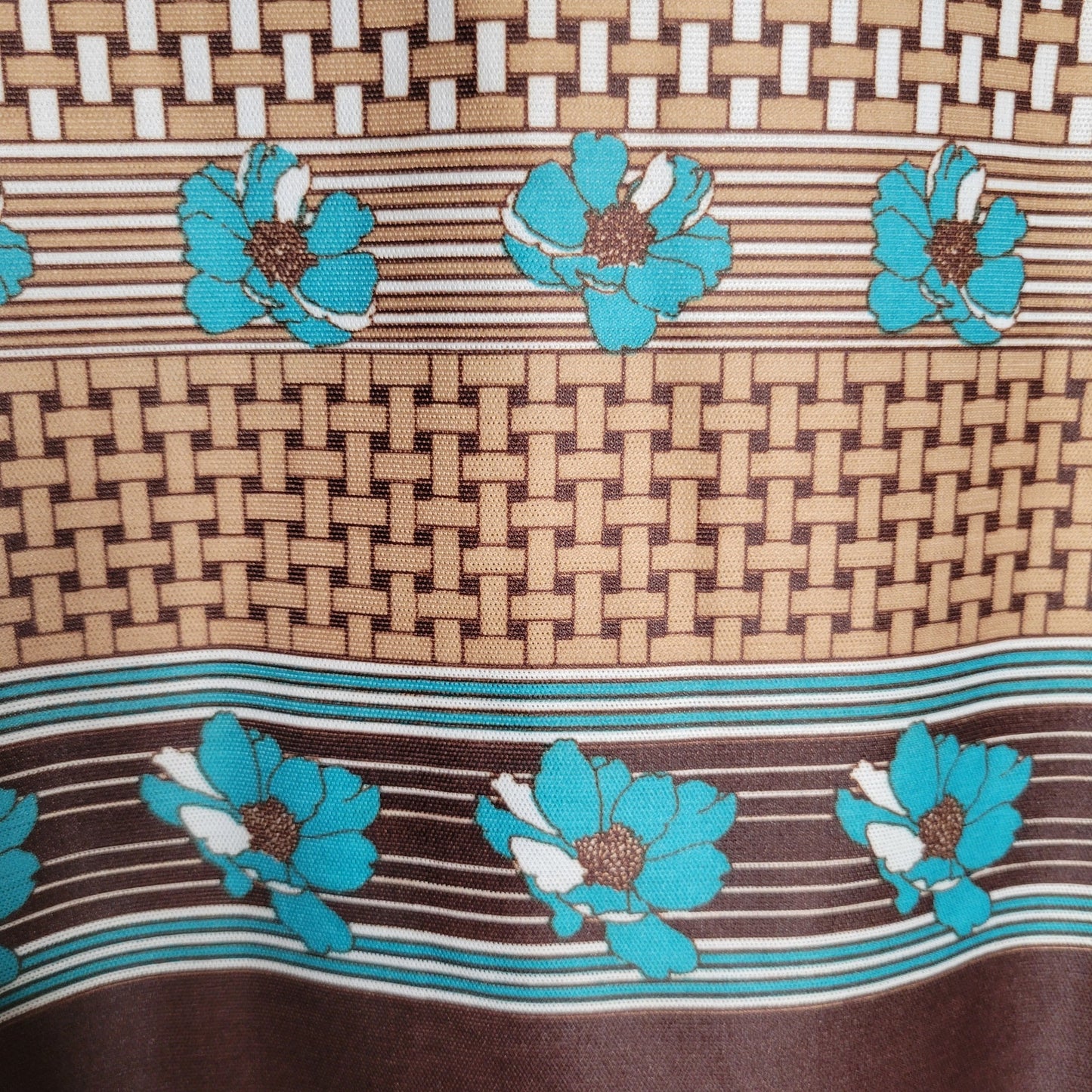 Vintage 1970s Polyester blouse brown aqua basketweave with pop art flowers Sz M