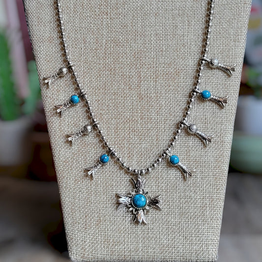 1970s vintage faux turquoise squash blossom necklace silver tone 24 inches