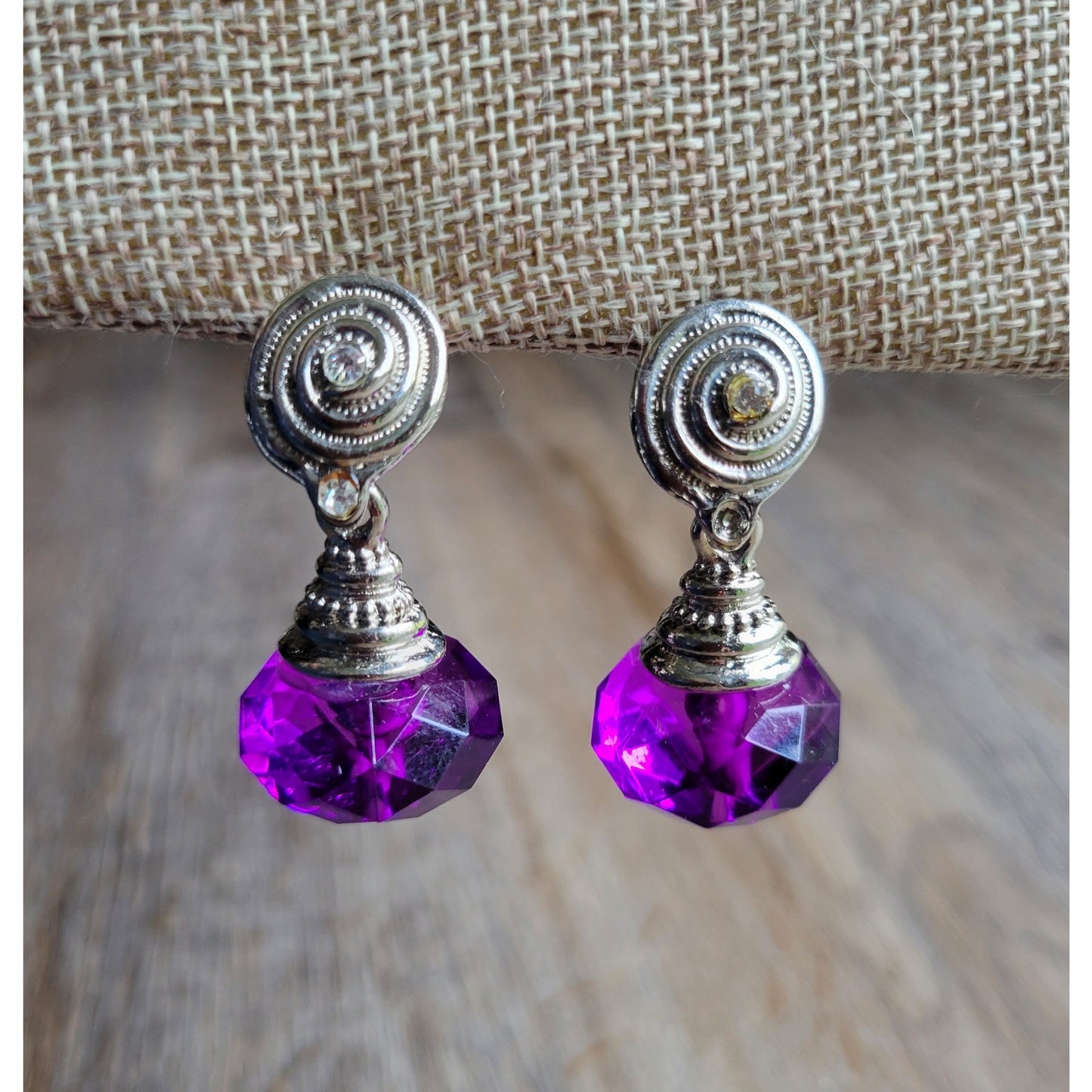 1980s pierced earrings purple acrylic drops with silver-tone and rhinestones