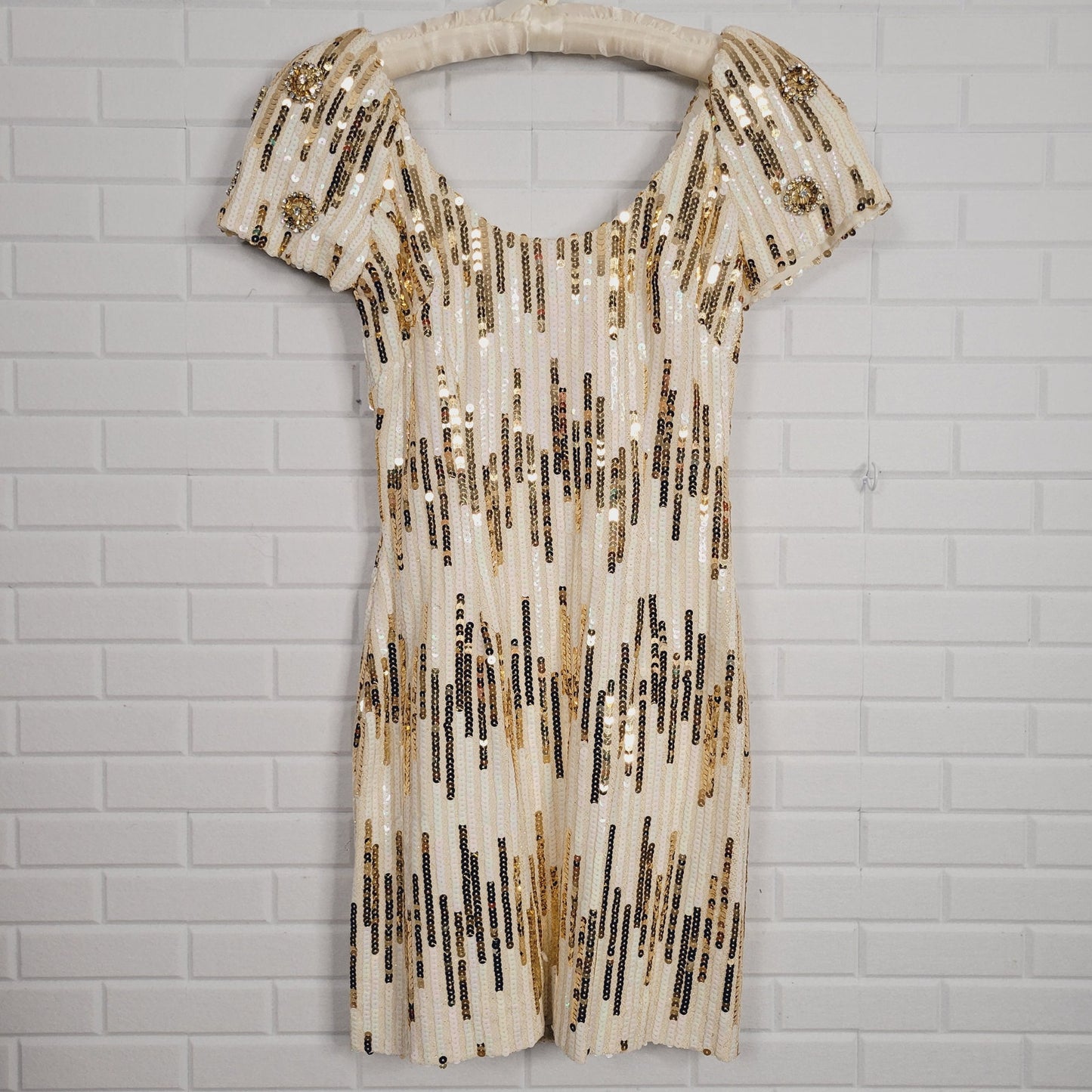 Alyce Designs size 10 cream gold sequin short cocktail party dress mini vintage 1980s