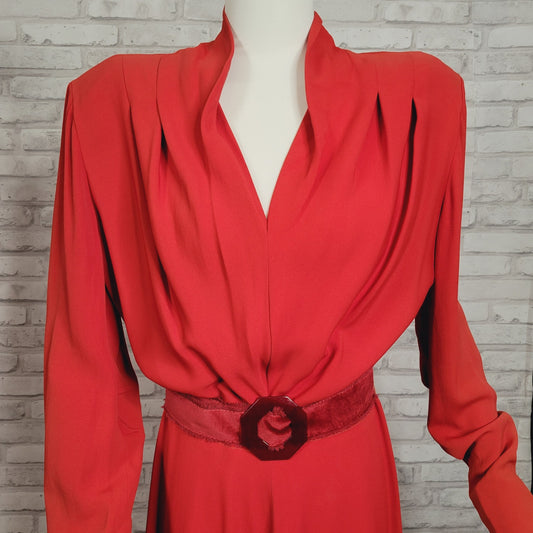 1930s rayon evening dress tapered sleeves tomato red elegant gown