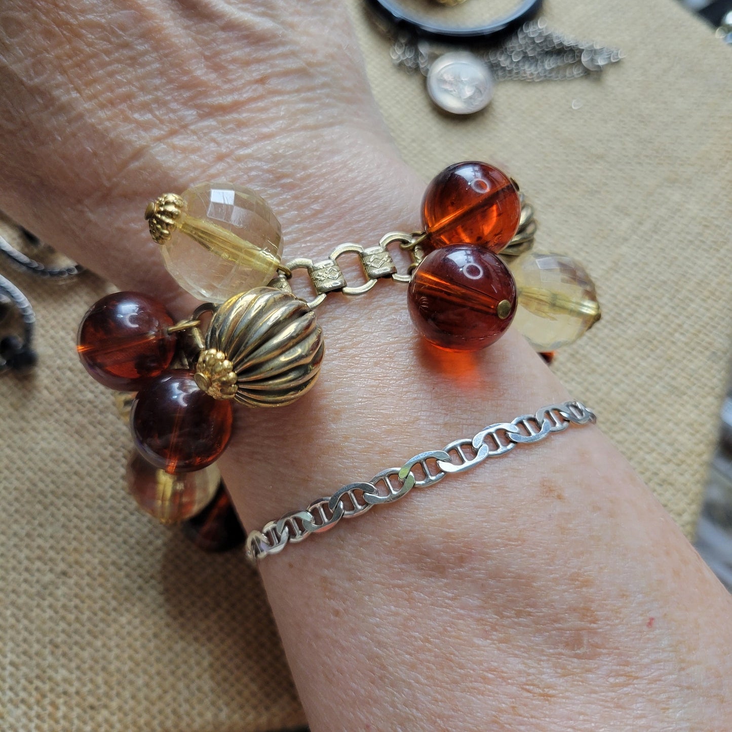 1950s tortoiseshell lucite and gold ball bauble bracelet and screw back earrings