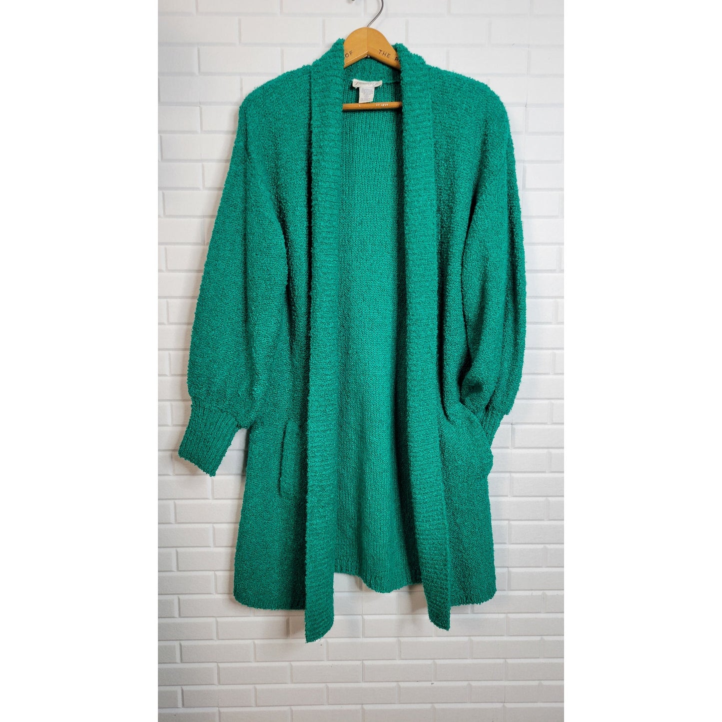 Sideffects long cardigan sweater womens sz S kelly green boucle knit vintage