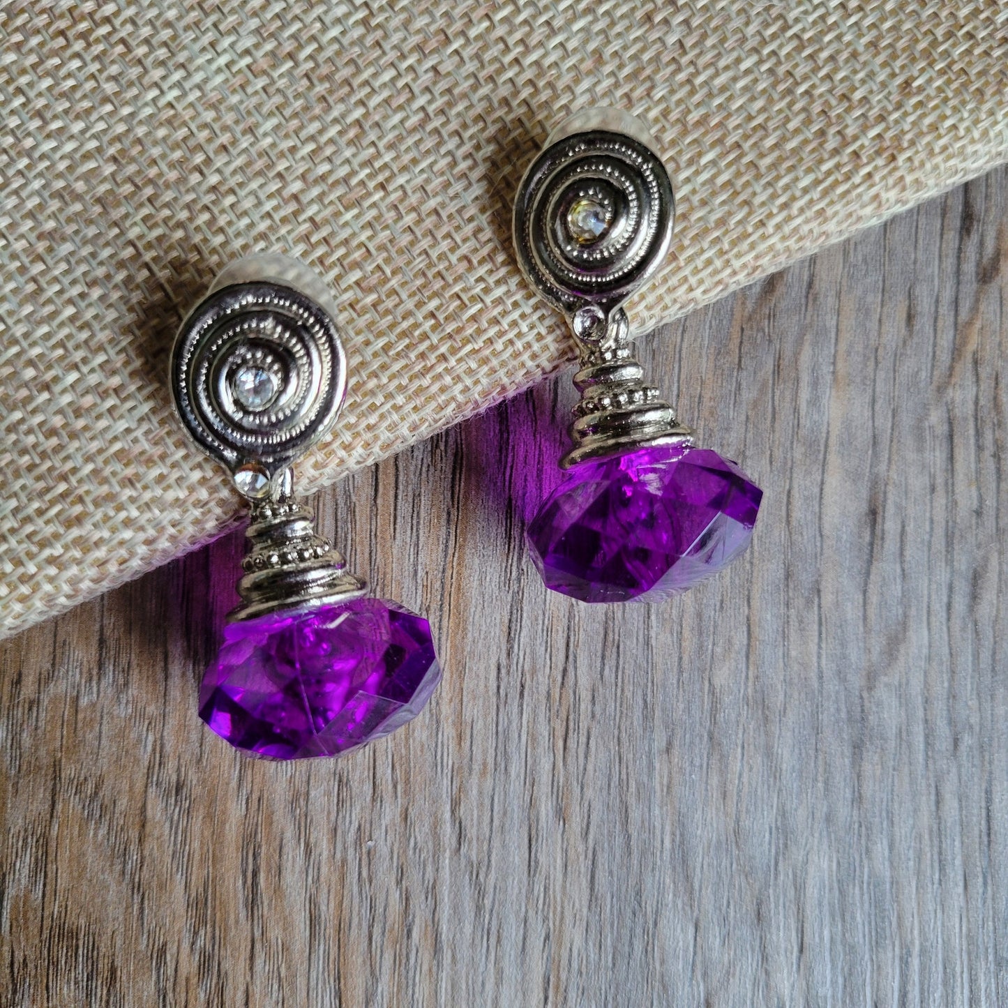 1980s pierced earrings purple acrylic drops with silver-tone and rhinestones