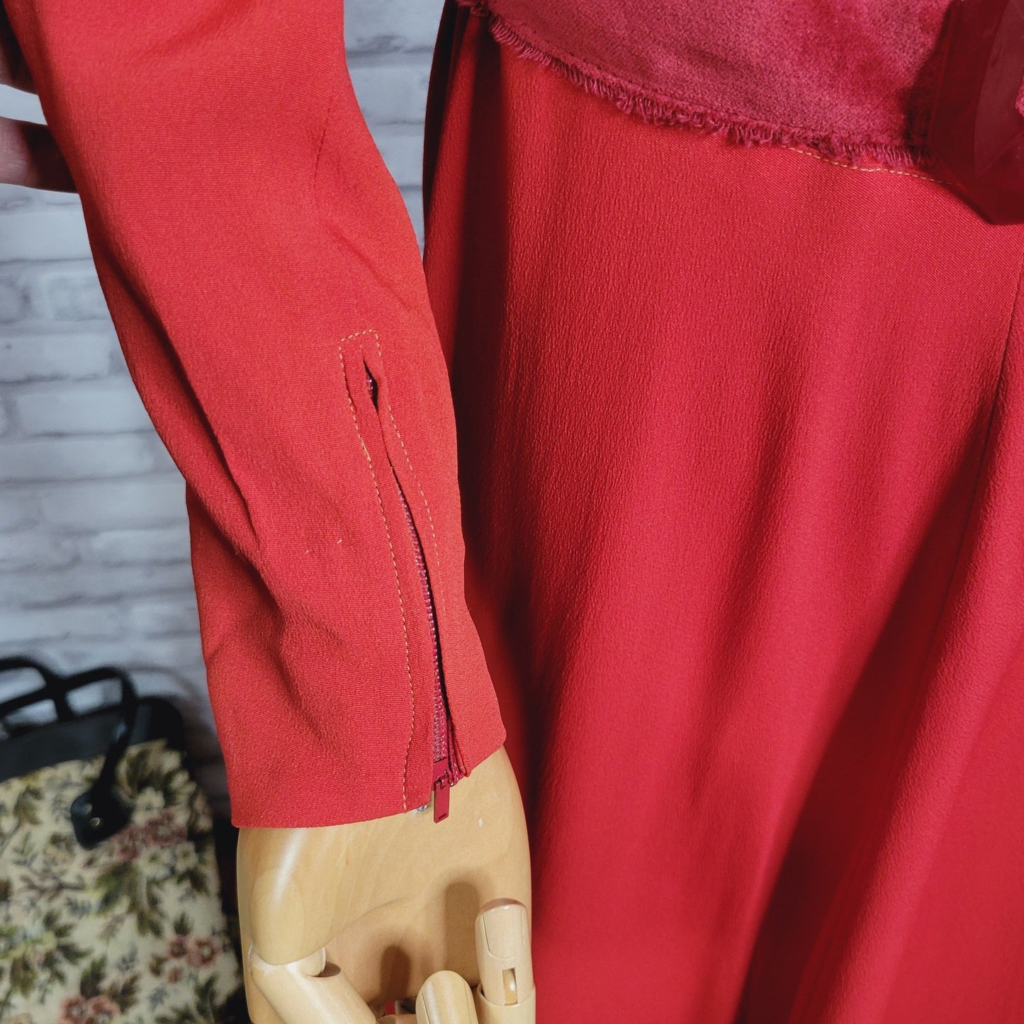 1930s rayon evening dress tapered sleeves tomato red elegant gown