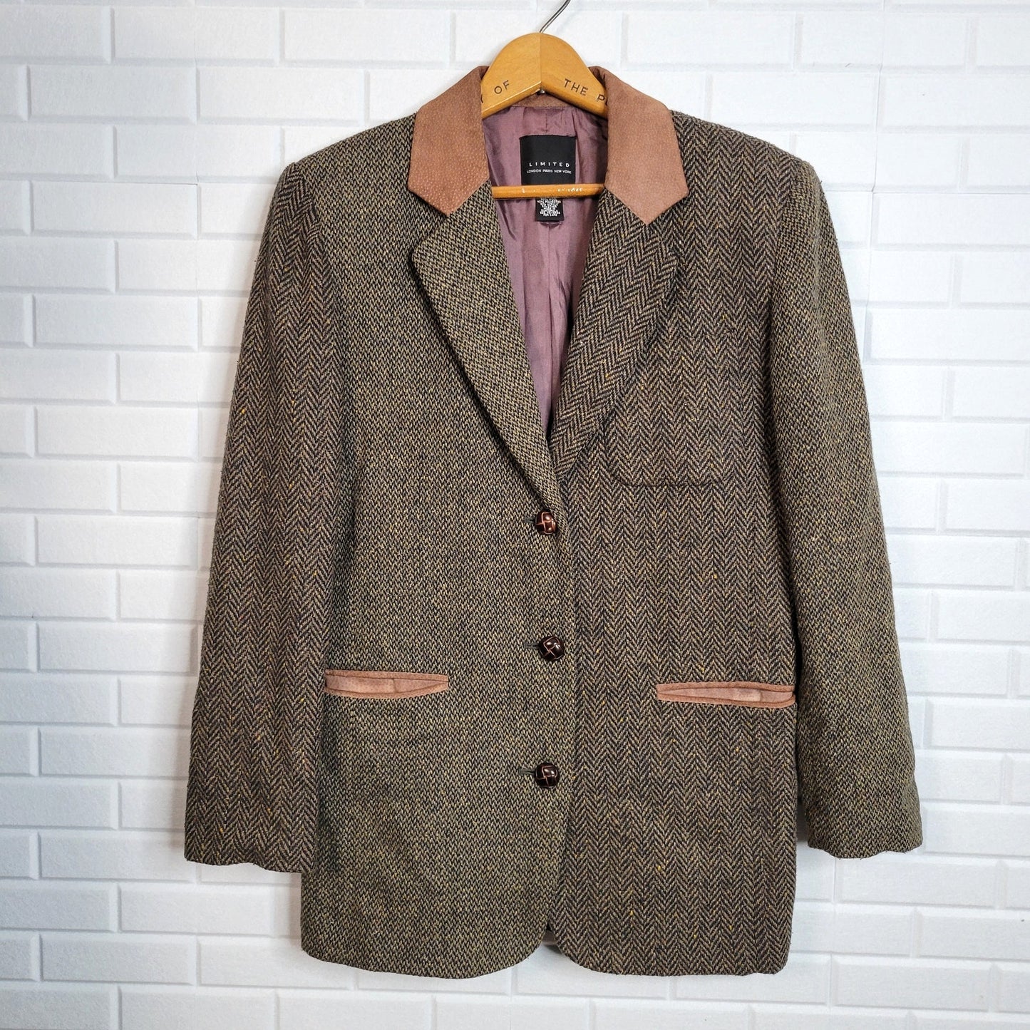 Vintage The Limited blazer womens size S mixed herringbone and tweed with suede equestrian