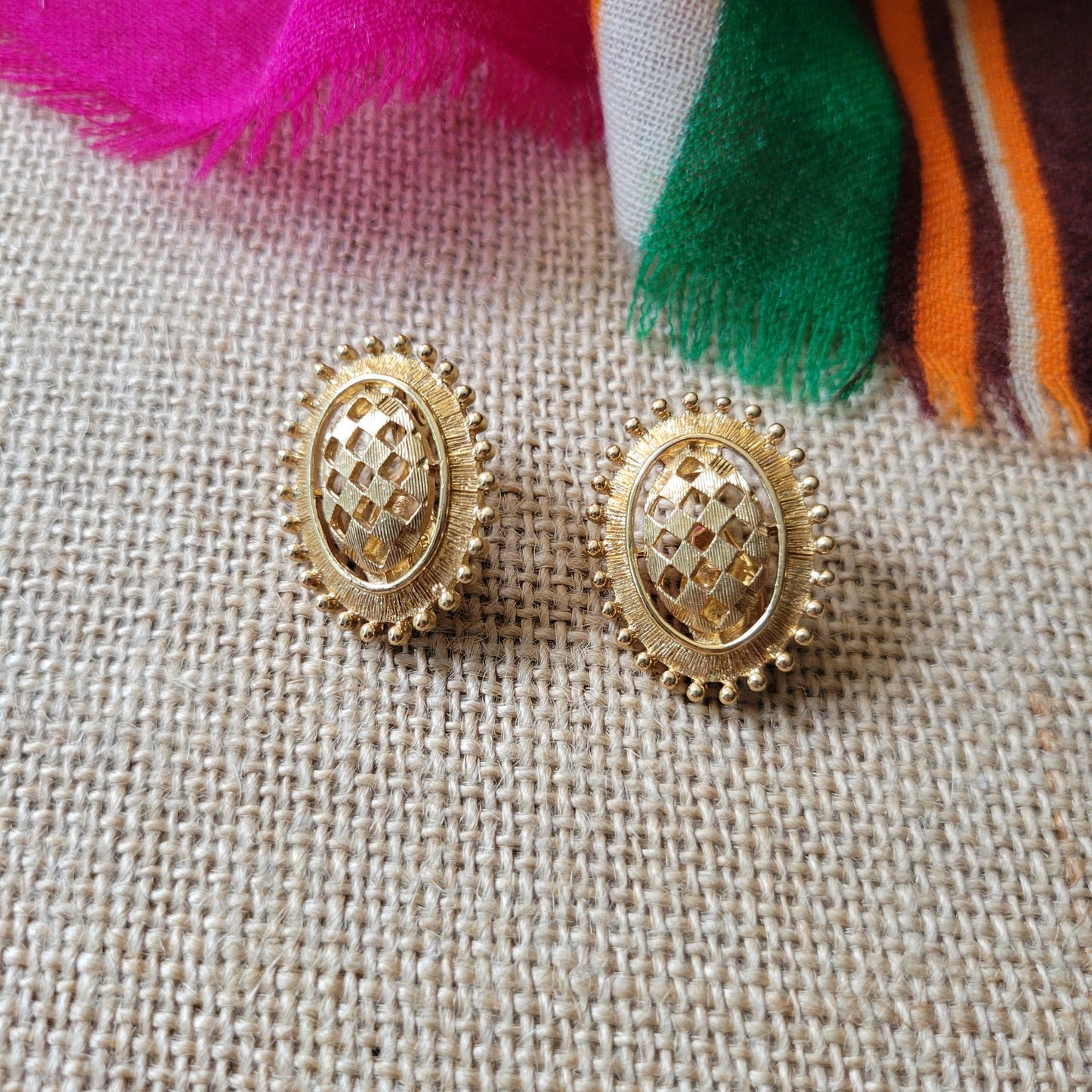 Monet gold-tone clip-on earrings harlequin diamond cut-outs in ovals, vintage 80s