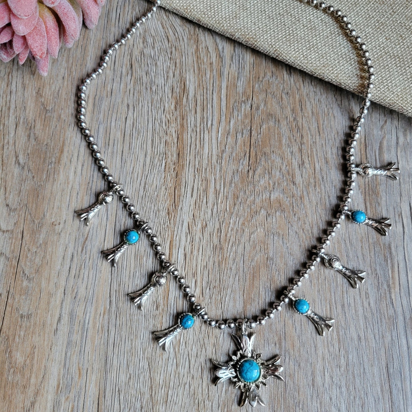 1970s vintage faux turquoise squash blossom necklace silver tone 24 inches