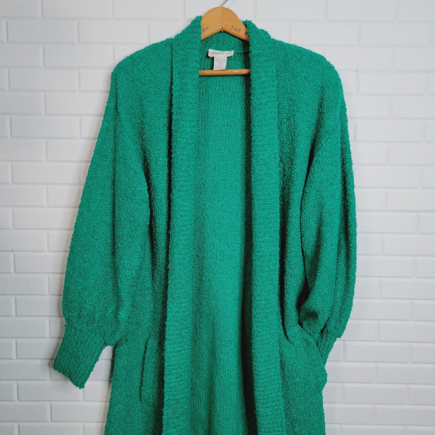 Sideffects long cardigan sweater womens sz S kelly green boucle knit vintage