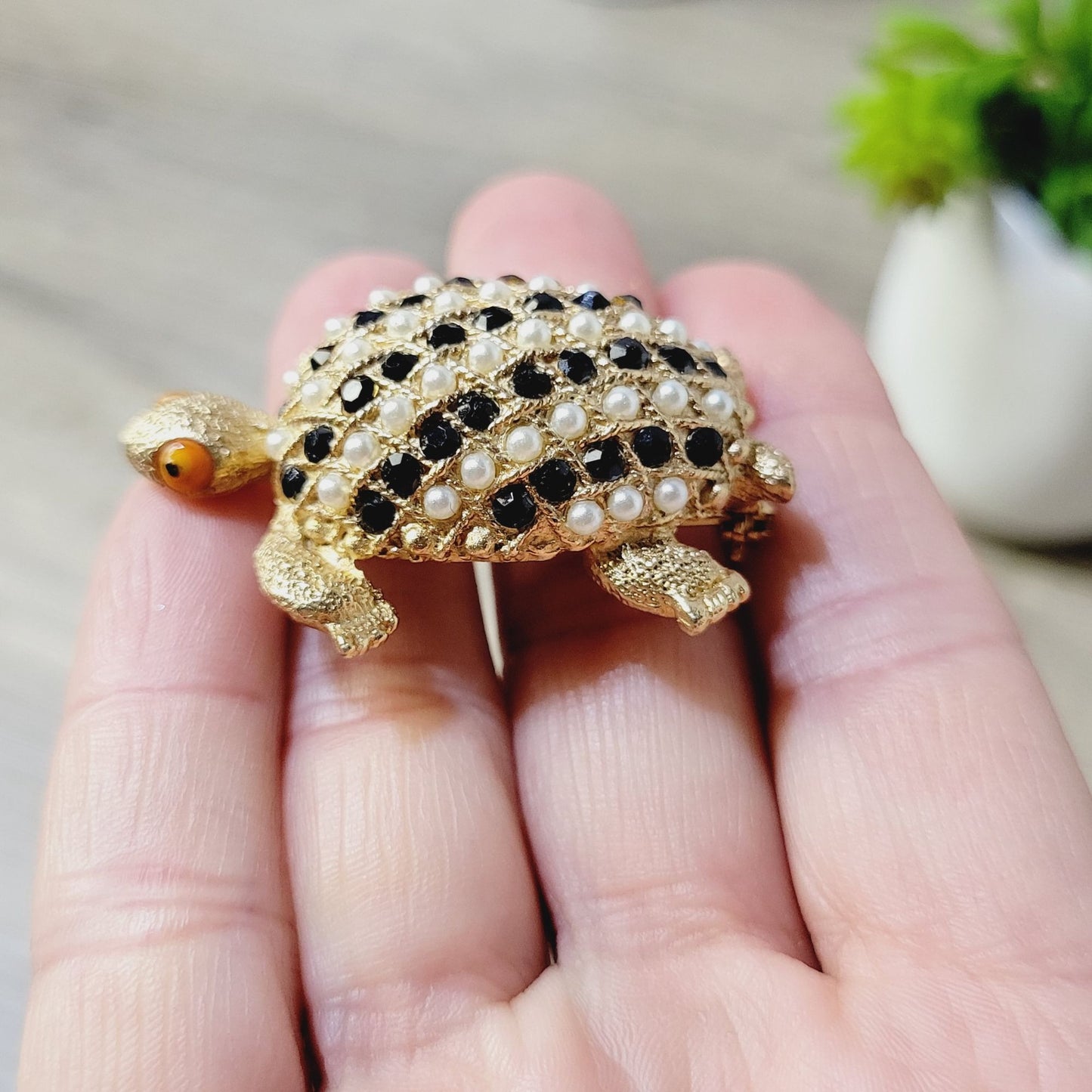 Vintage Turtle Brooch Faux Pearls & Black Rhinestones Gold-Tone 2 Inch Pin