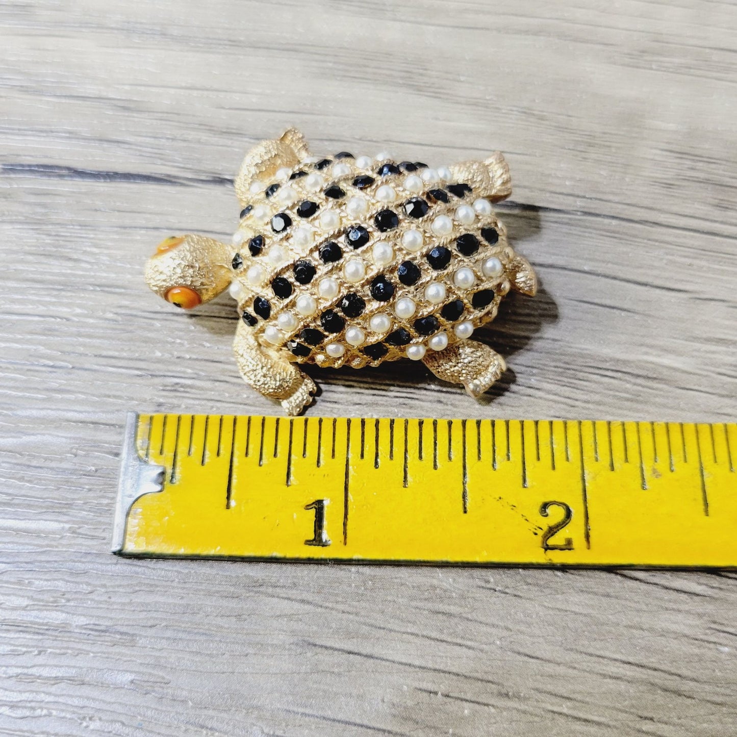 Vintage Turtle Brooch Faux Pearls & Black Rhinestones Gold-Tone 2 Inch Pin