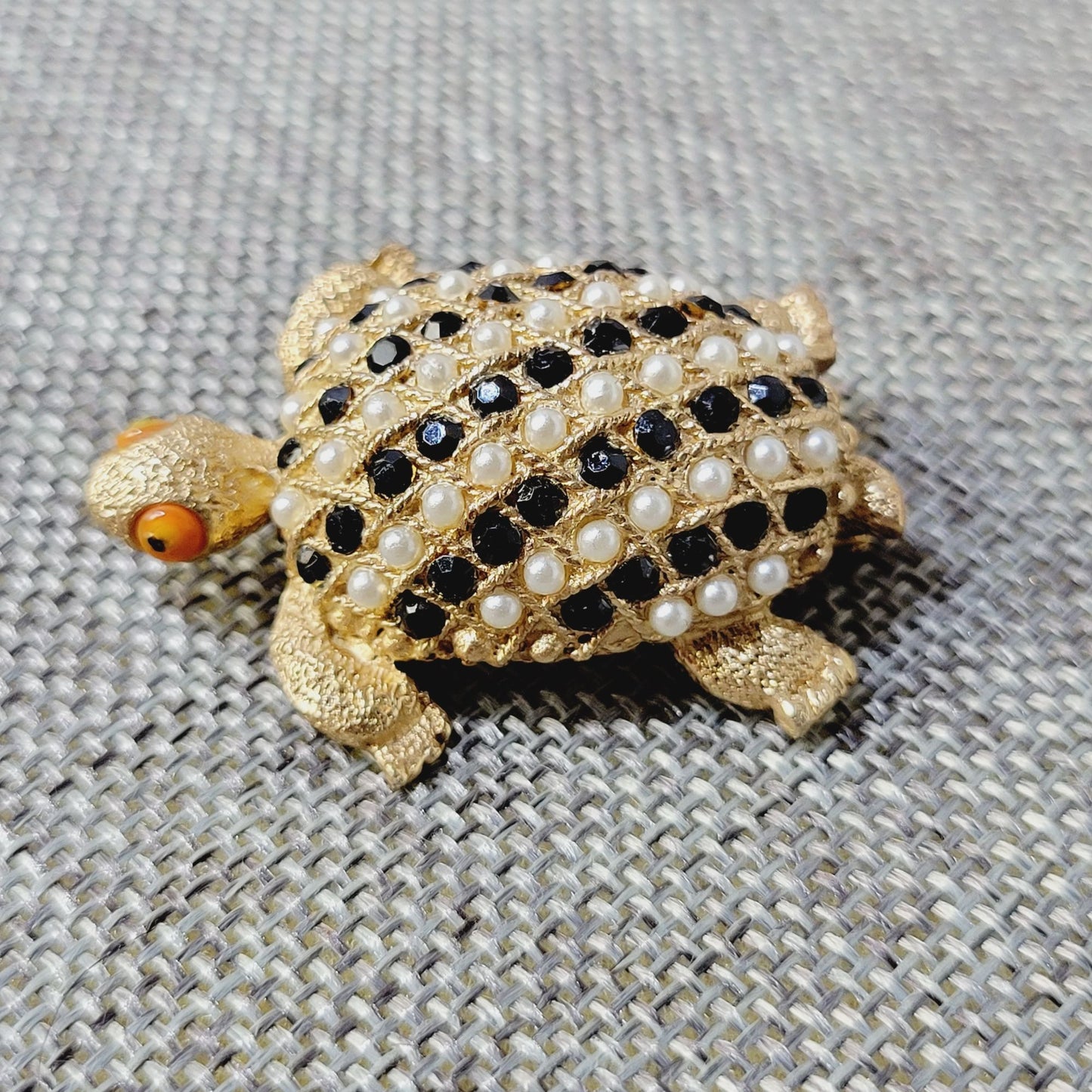 Vintage Turtle Brooch Faux Pearls & Black Rhinestones Gold-Tone 2 Inch Pin