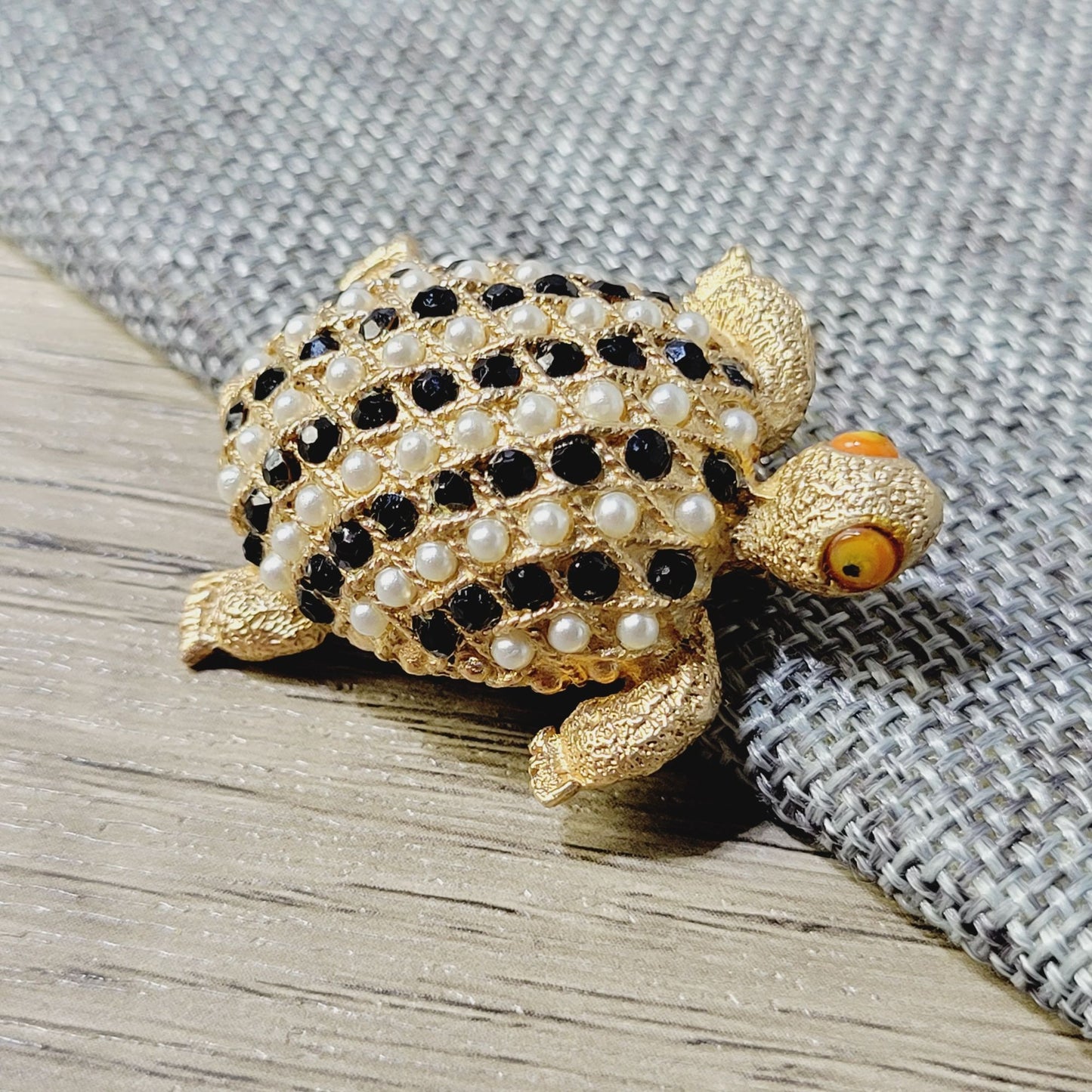 Vintage Turtle Brooch Faux Pearls & Black Rhinestones Gold-Tone 2 Inch Pin