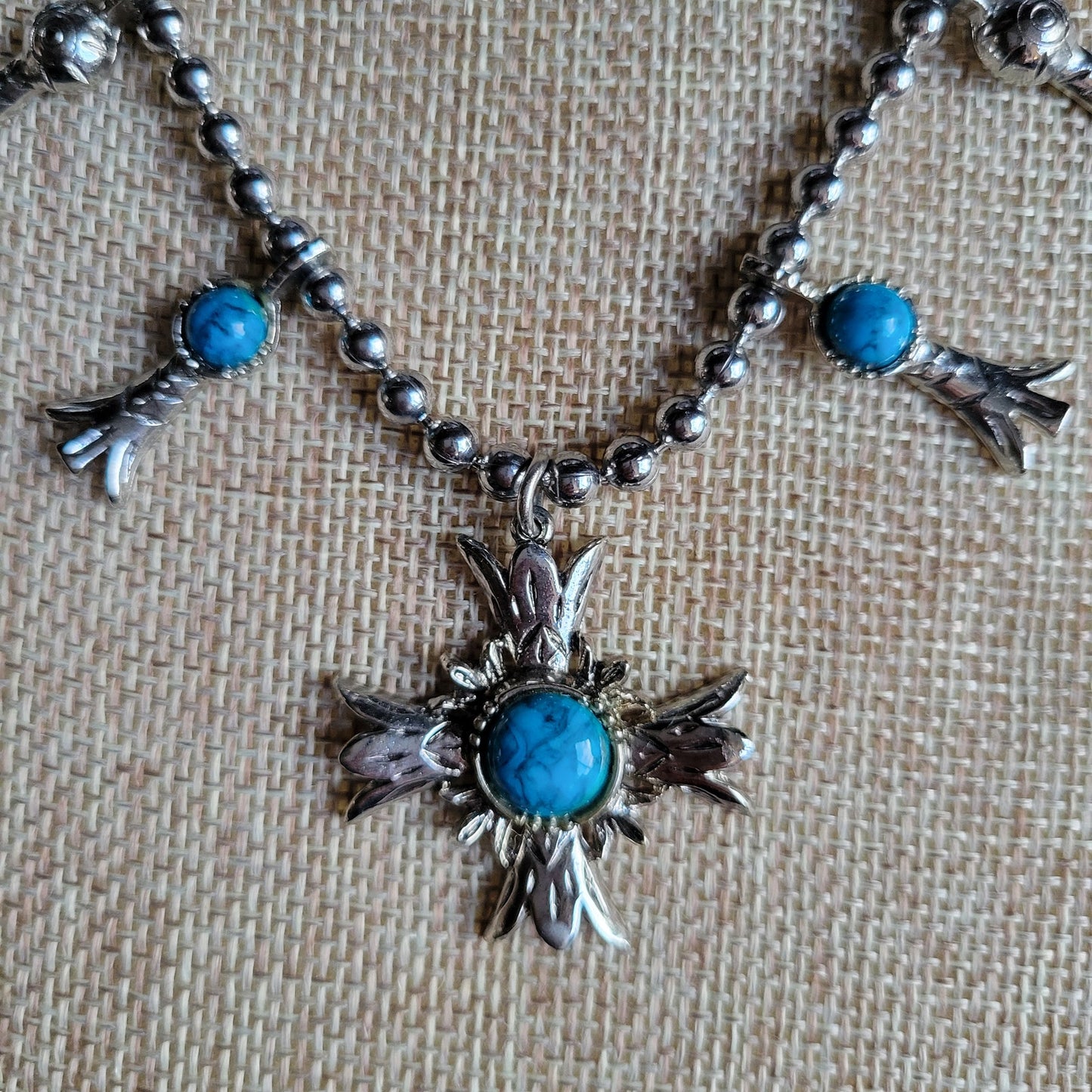 1970s vintage faux turquoise squash blossom necklace silver tone 24 inches