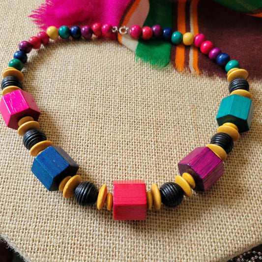 Colorful 1980s wooden bead 18-inch necklace boho happy jewelry