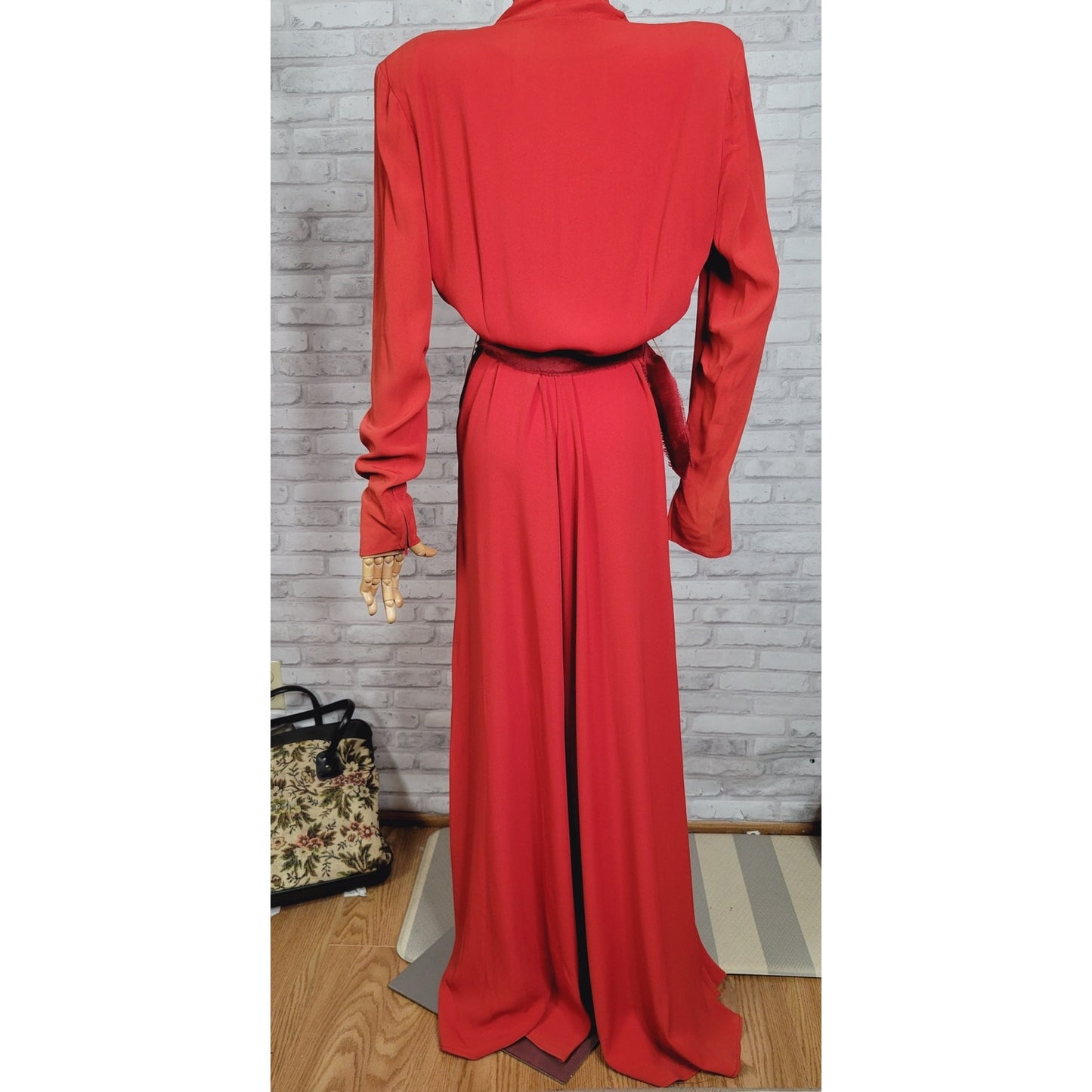 1930s rayon evening dress tapered sleeves tomato red elegant gown