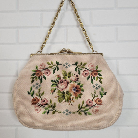 Vintage needlepoint handbag beige with pink and blue florals gold chain handle 1960s grandmacore