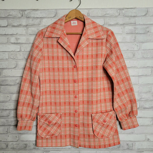 1970s vintage red beige plaid polyester blazer or jacket size L 42 bust