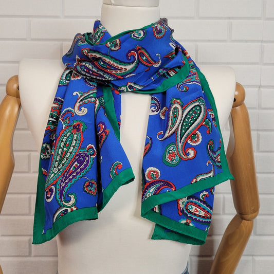 1980s Anne Klein Silk Scarf Paisley Design blue green red paisley long rectangle hand-rolled hem