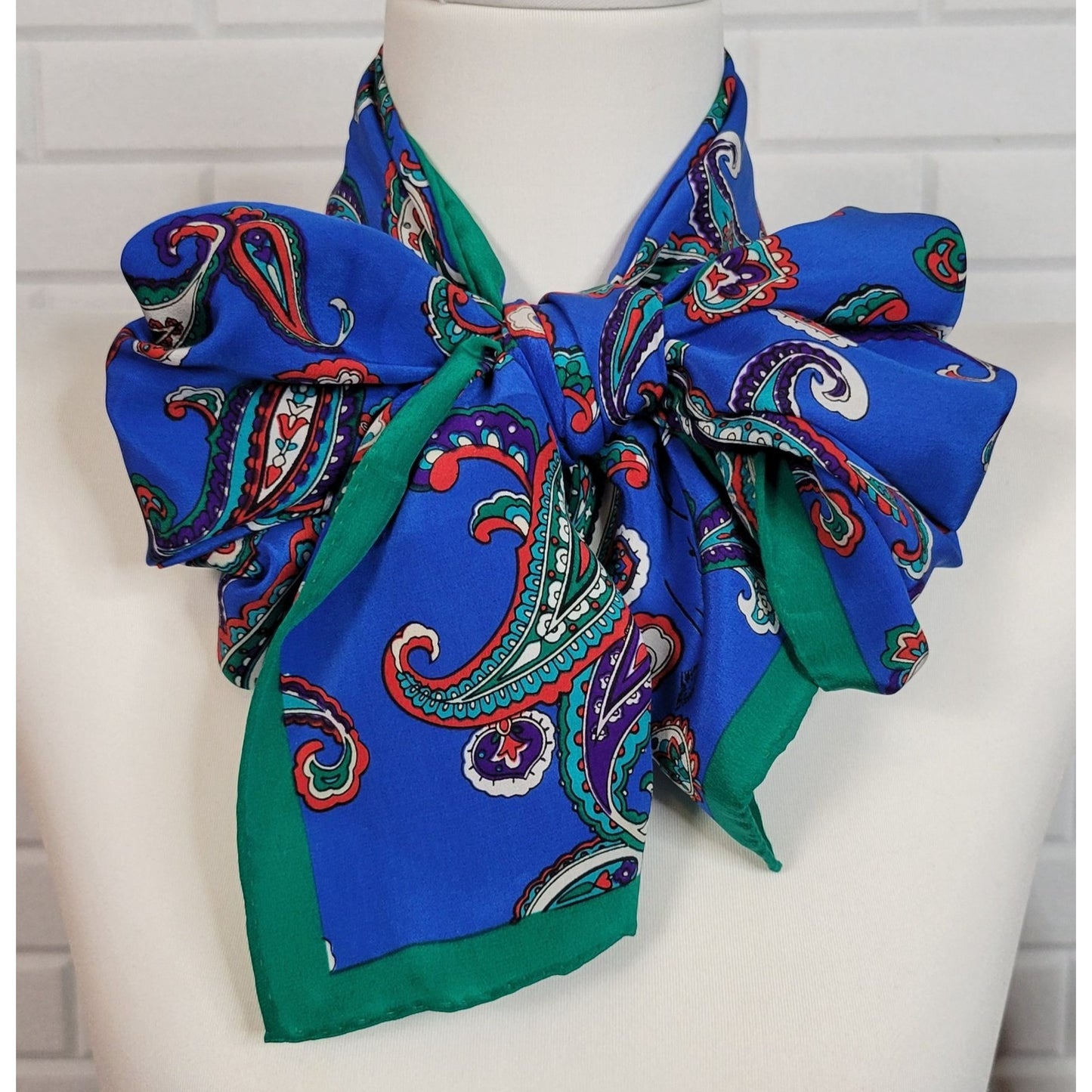 1980s Anne Klein Silk Scarf Paisley Design blue green red paisley long rectangle hand-rolled hem