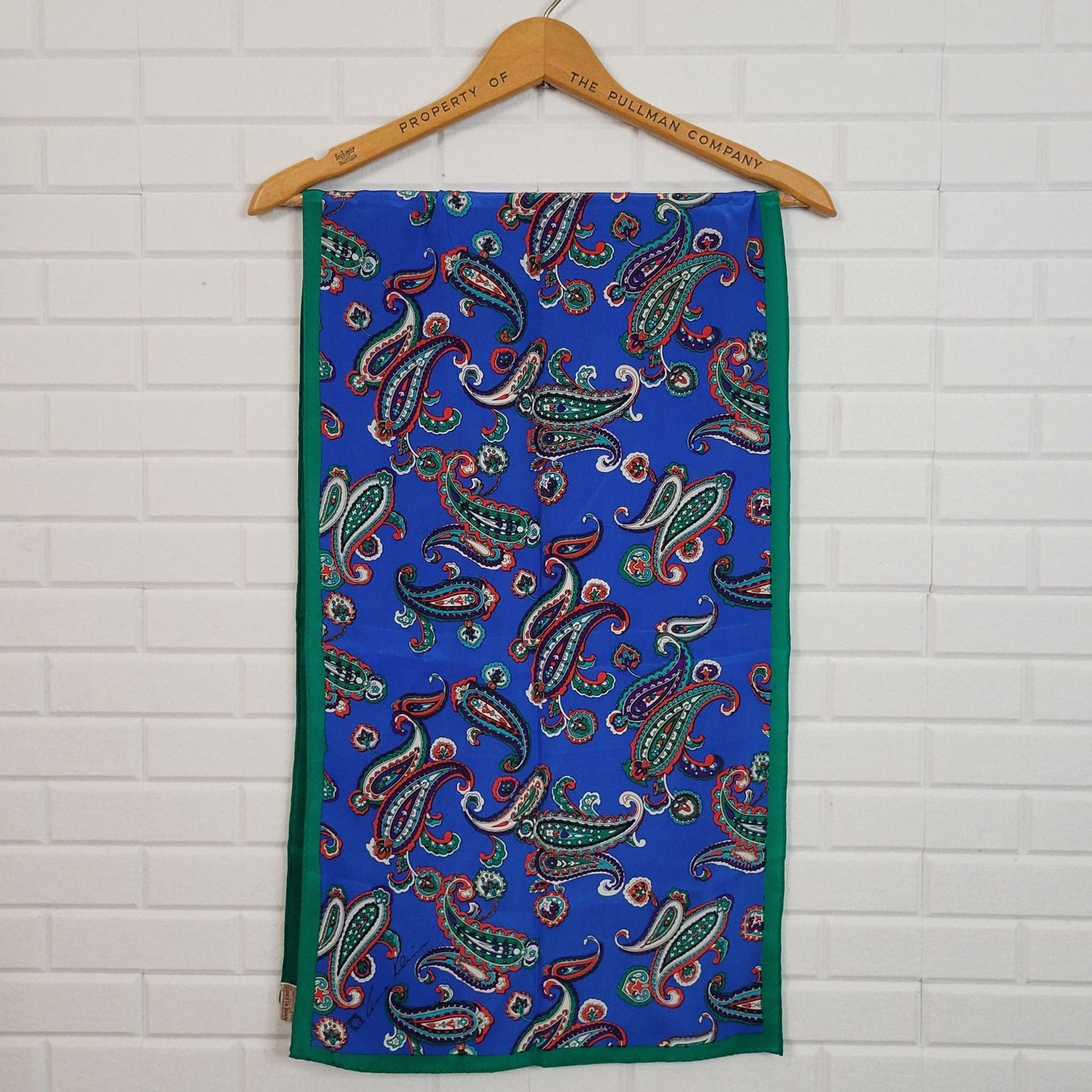 1980s Anne Klein Silk Scarf Paisley Design blue green red paisley long rectangle hand-rolled hem