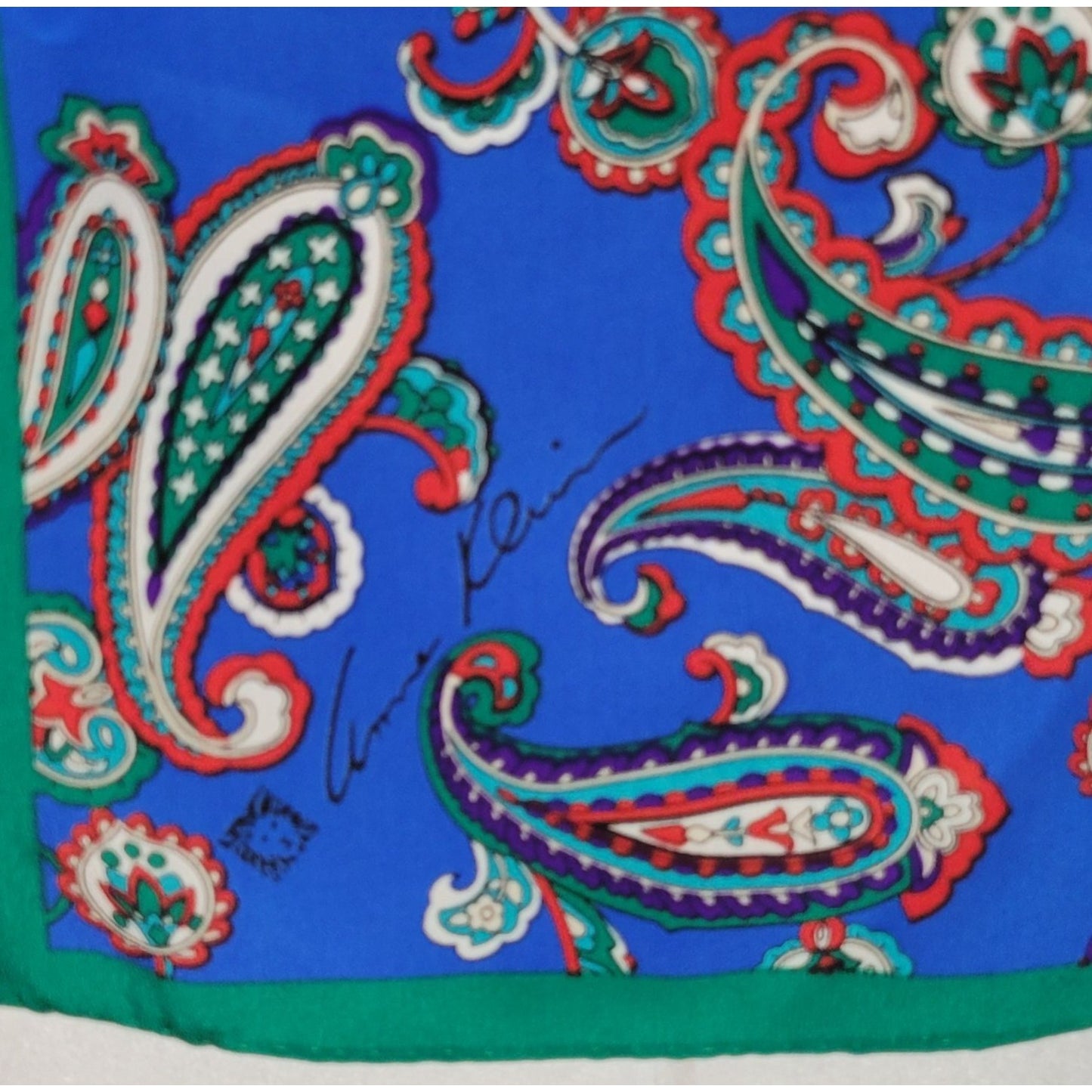 1980s Anne Klein Silk Scarf Paisley Design blue green red paisley long rectangle hand-rolled hem