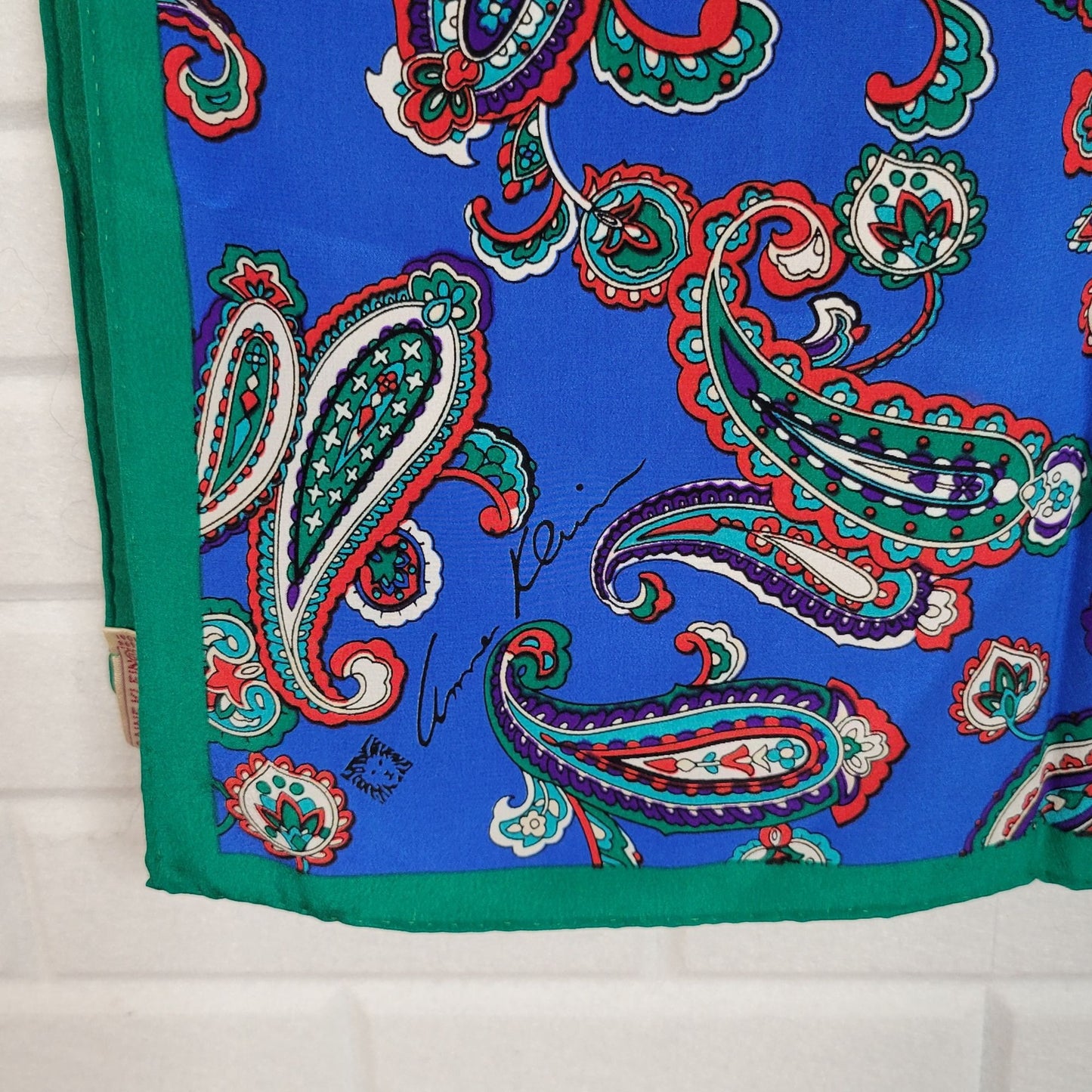 1980s Anne Klein Silk Scarf Paisley Design blue green red paisley long rectangle hand-rolled hem