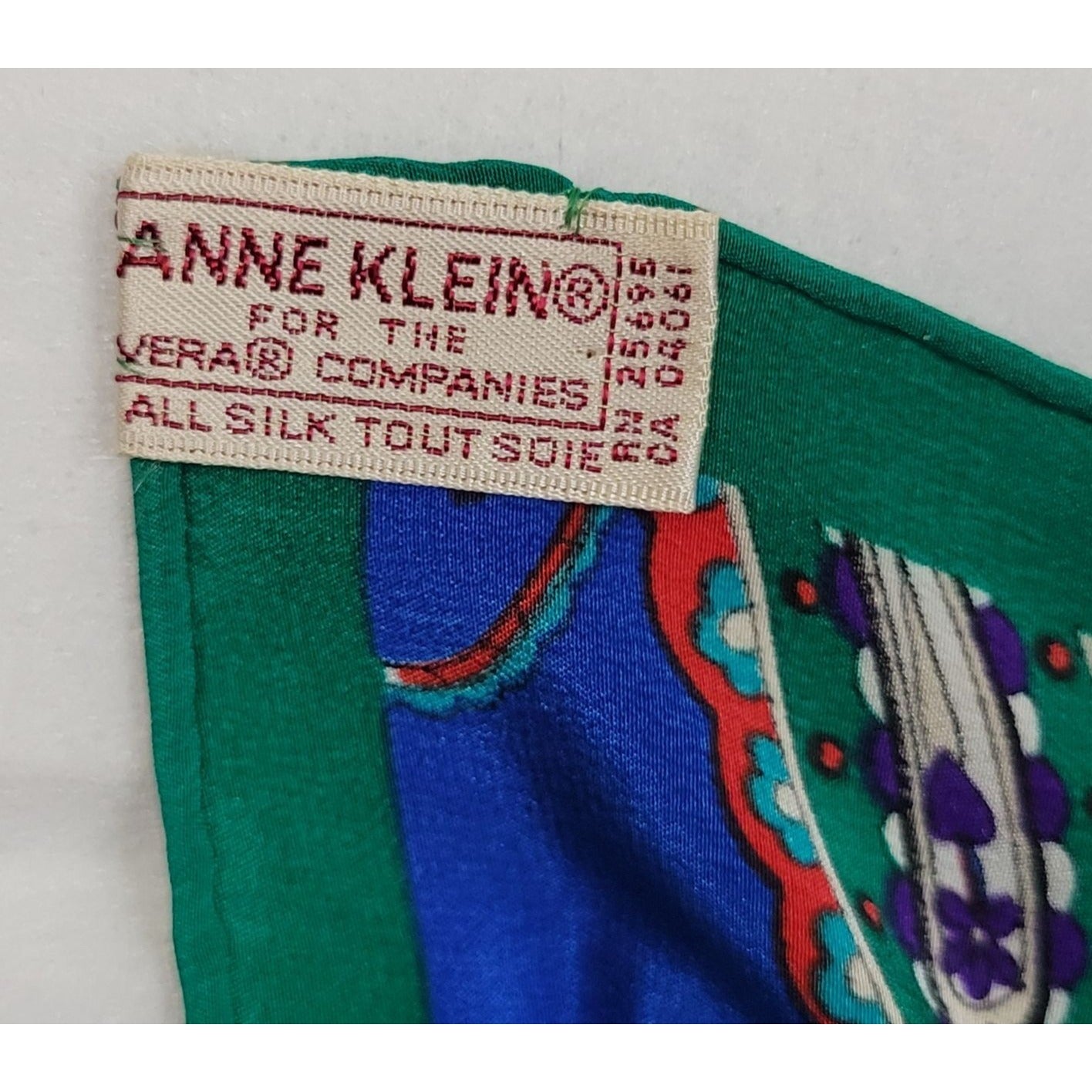 1980s Anne Klein Silk Scarf Paisley Design blue green red paisley long rectangle hand-rolled hem