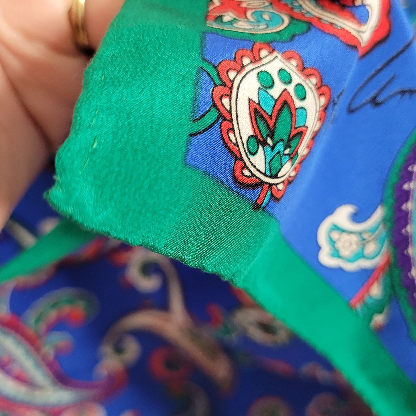 1980s Anne Klein Silk Scarf Paisley Design blue green red paisley long rectangle hand-rolled hem