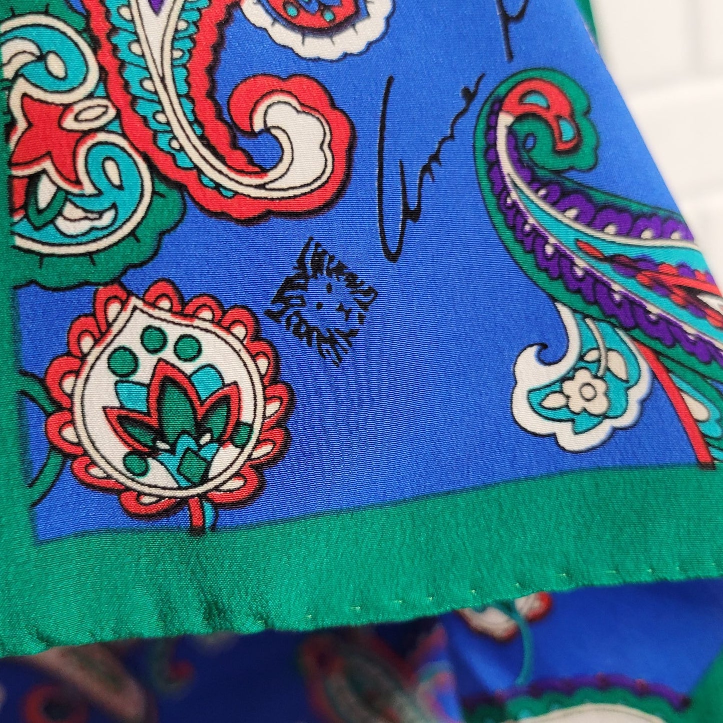 1980s Anne Klein Silk Scarf Paisley Design blue green red paisley long rectangle hand-rolled hem