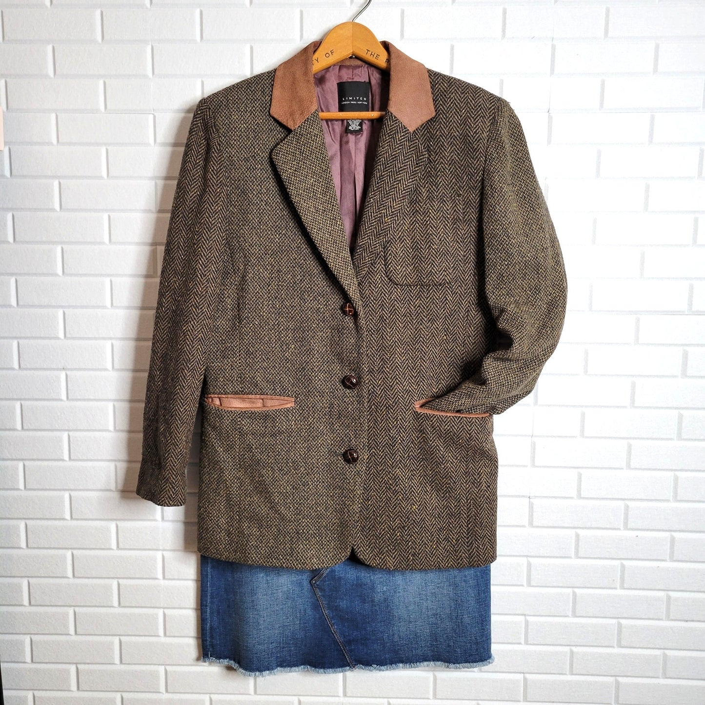 Vintage The Limited blazer womens size S mixed herringbone and tweed with suede equestrian