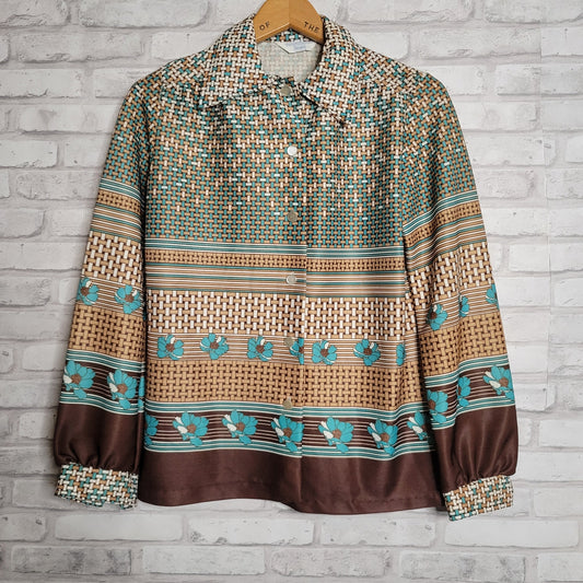 Vintage 1970s Polyester blouse brown aqua basketweave with pop art flowers Sz M