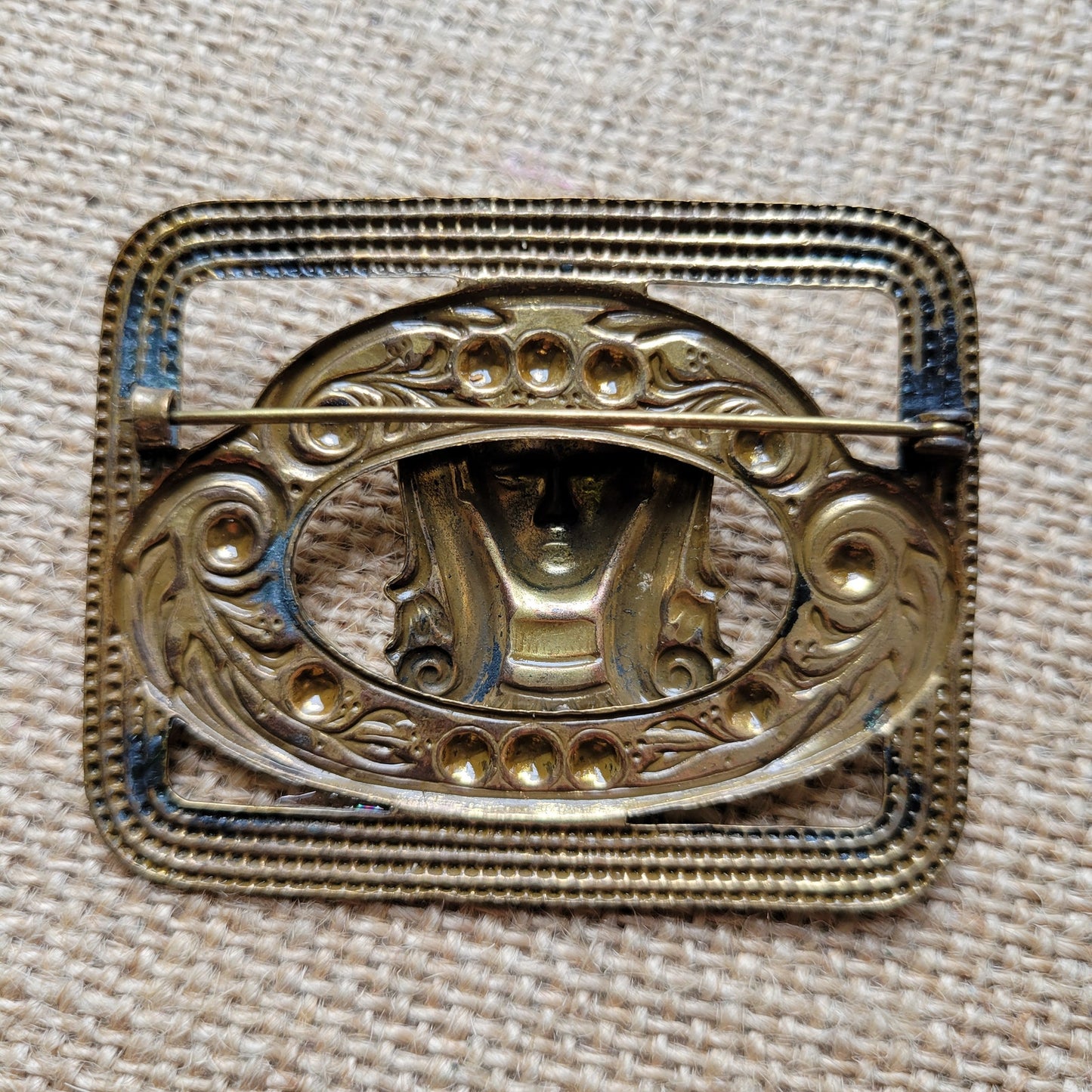 Egyptian Revival sash pin brooch brass Art Deco pharaoh