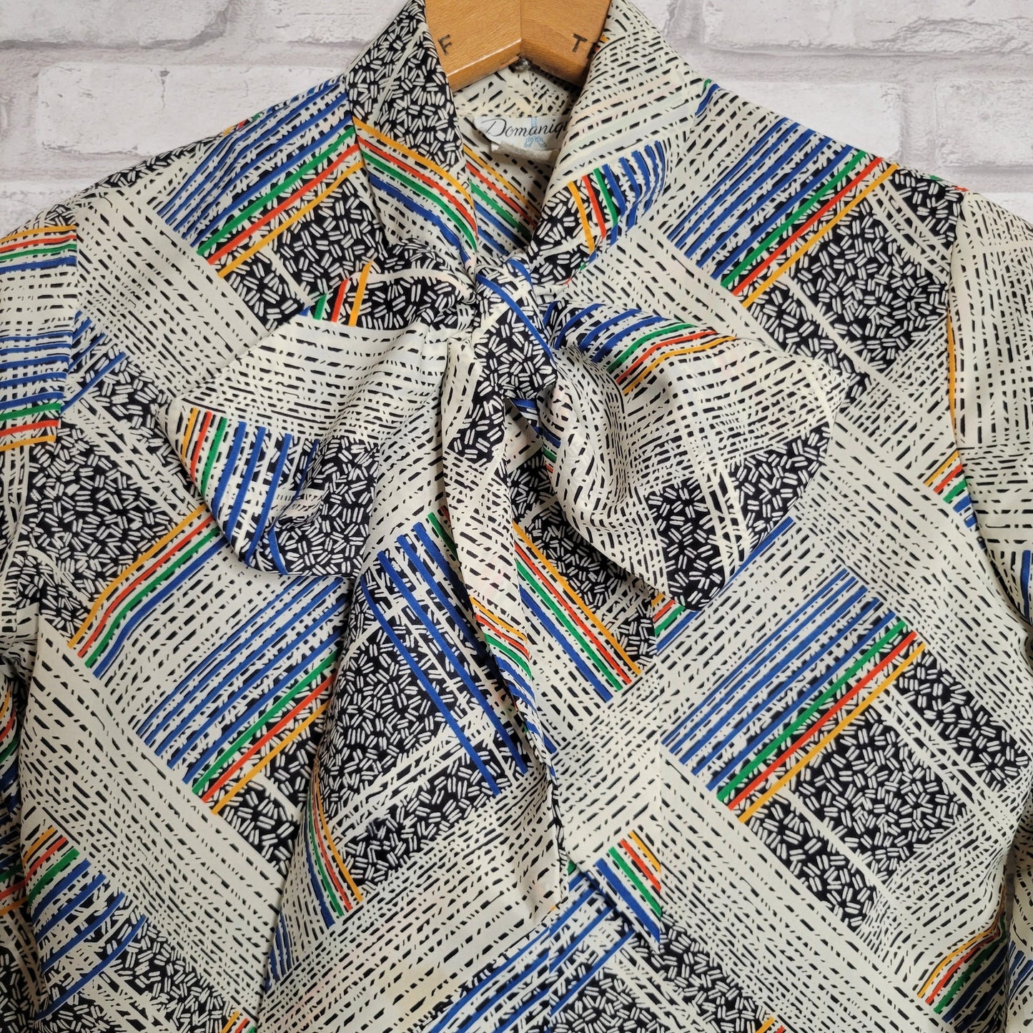 1980s bow blouse multi-color plaid geometric lightweight polyester size M