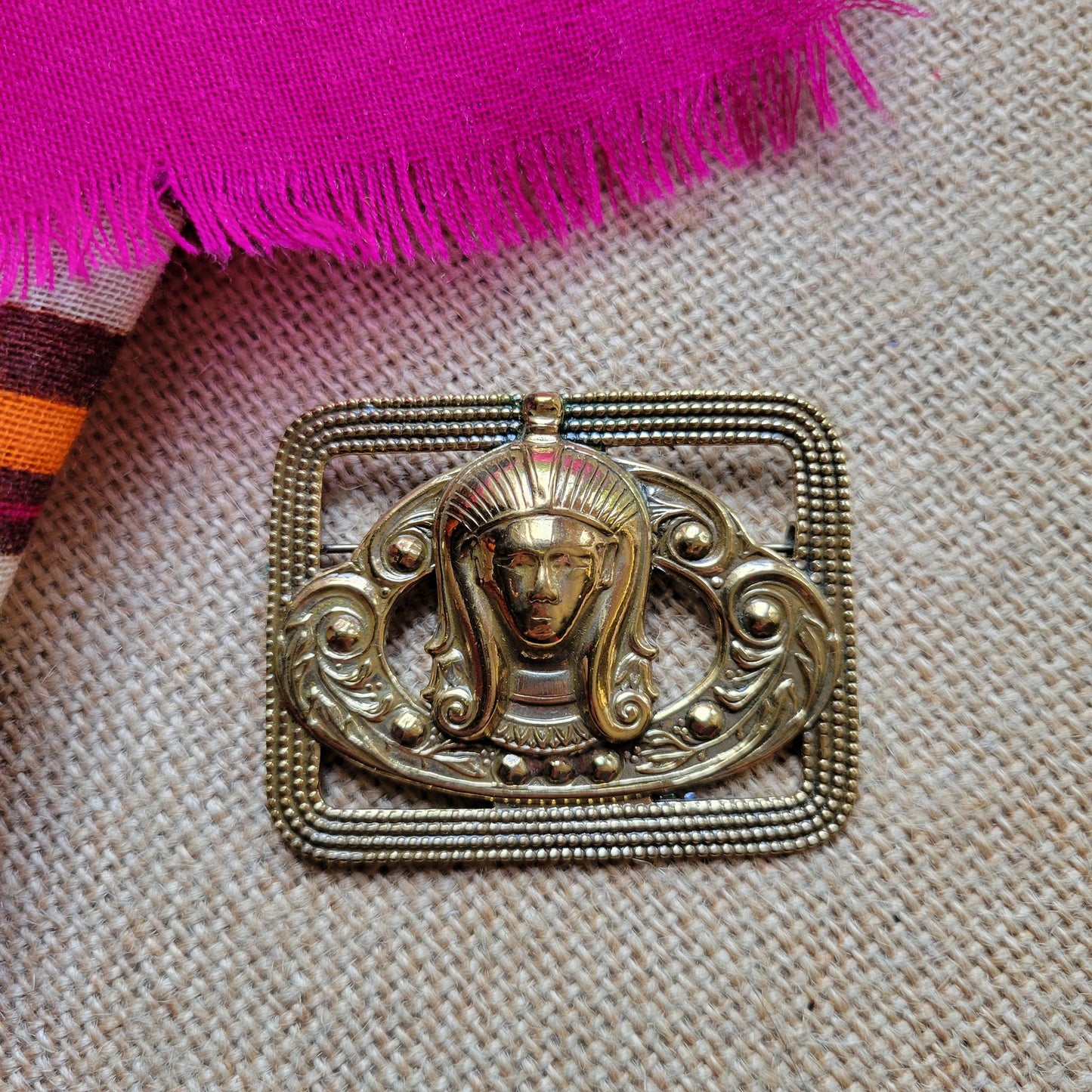 Egyptian Revival sash pin brooch brass Art Deco pharaoh