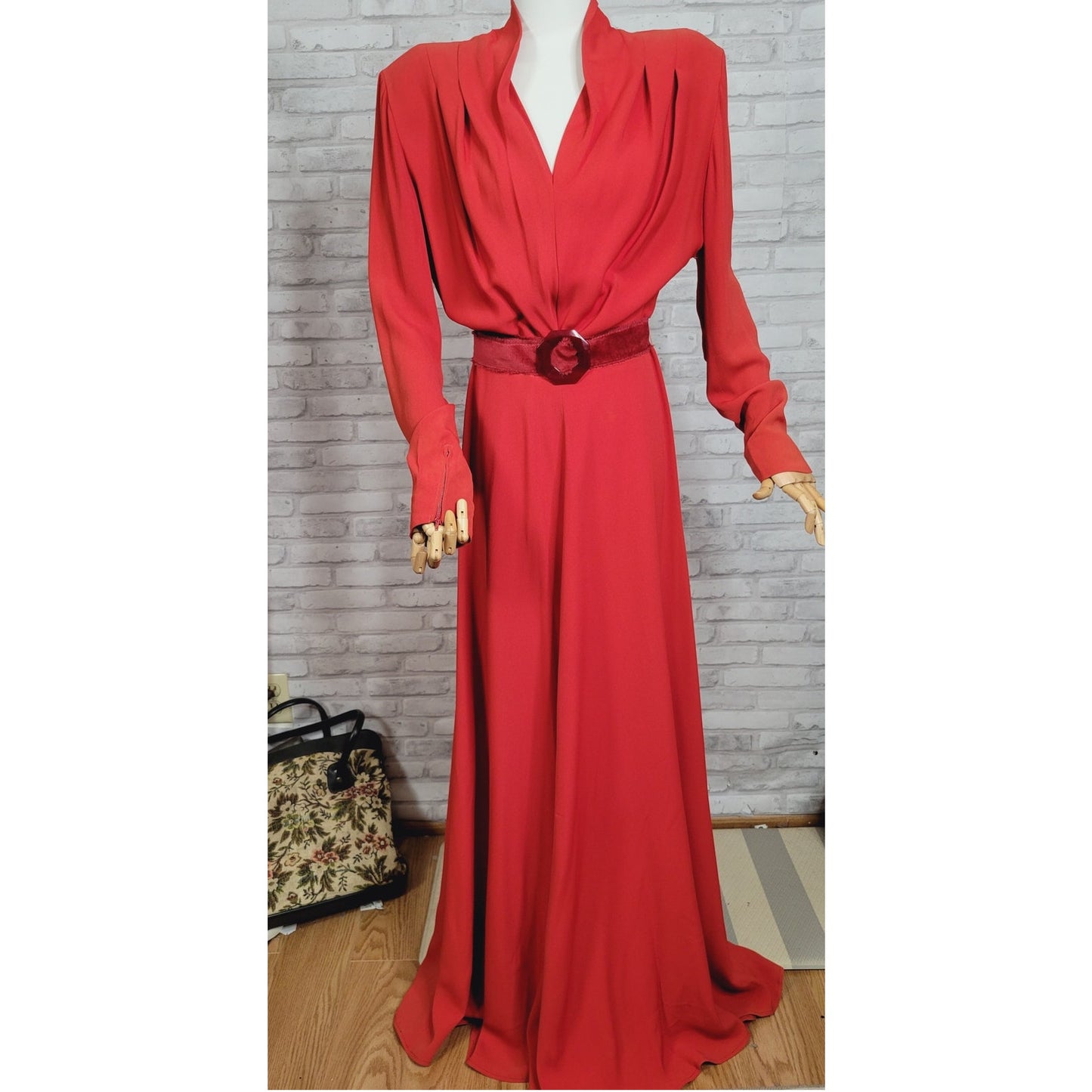 1930s rayon evening dress tapered sleeves tomato red elegant gown