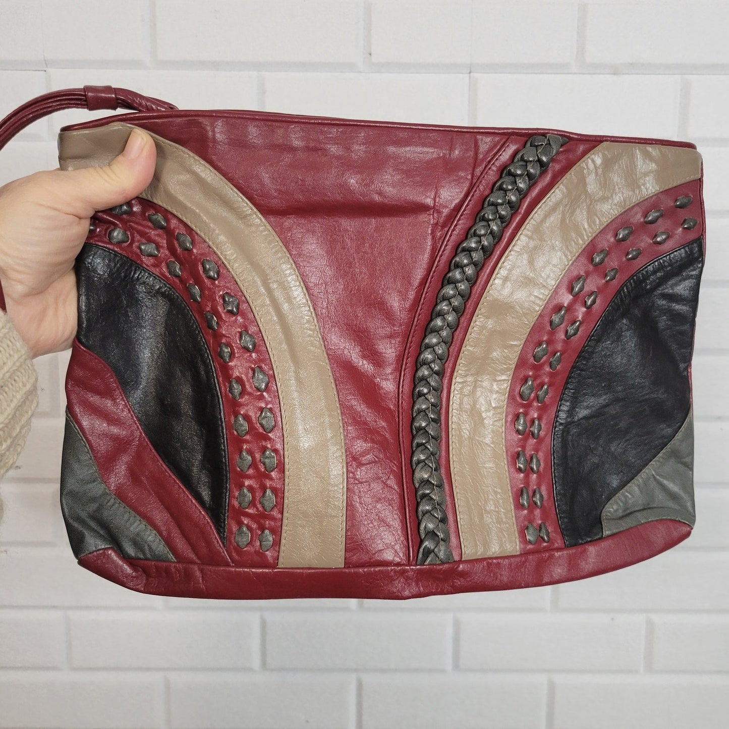 1970s boho bag clutch with strap oxblood red leather woven detail Mister Ernest