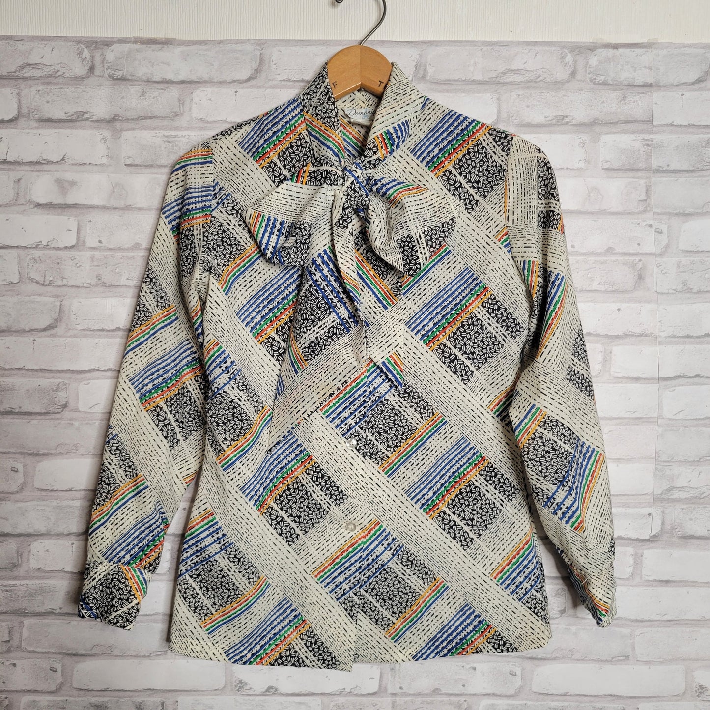 1980s bow blouse multi-color plaid geometric lightweight polyester size M