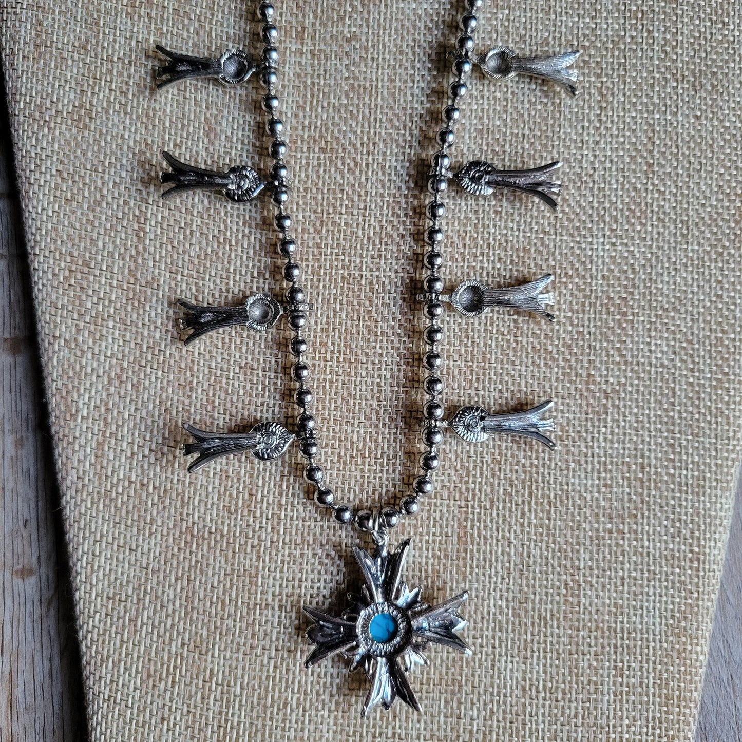 1970s vintage faux turquoise squash blossom necklace silver tone 24 inches