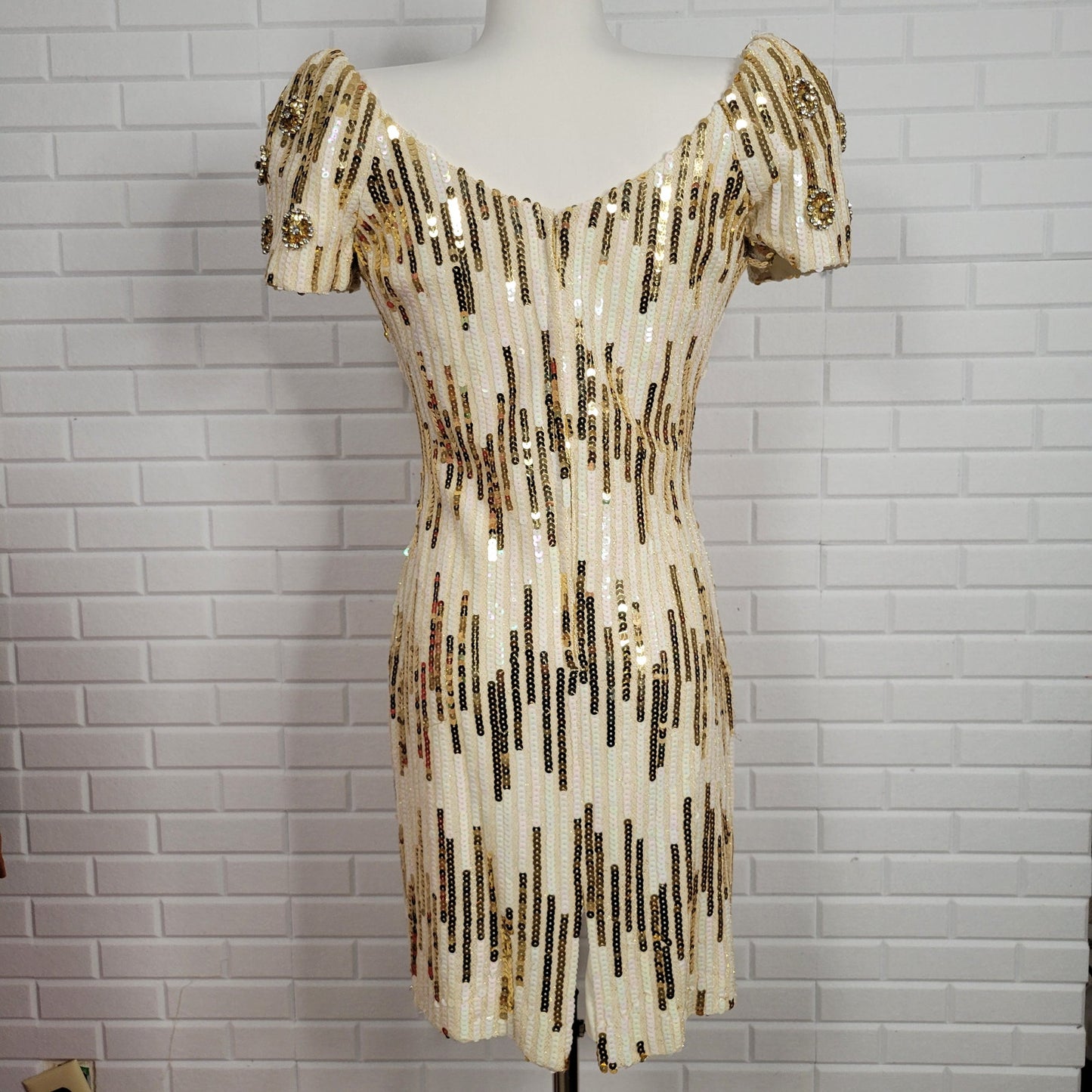 Alyce Designs size 10 cream gold sequin short cocktail party dress mini vintage 1980s