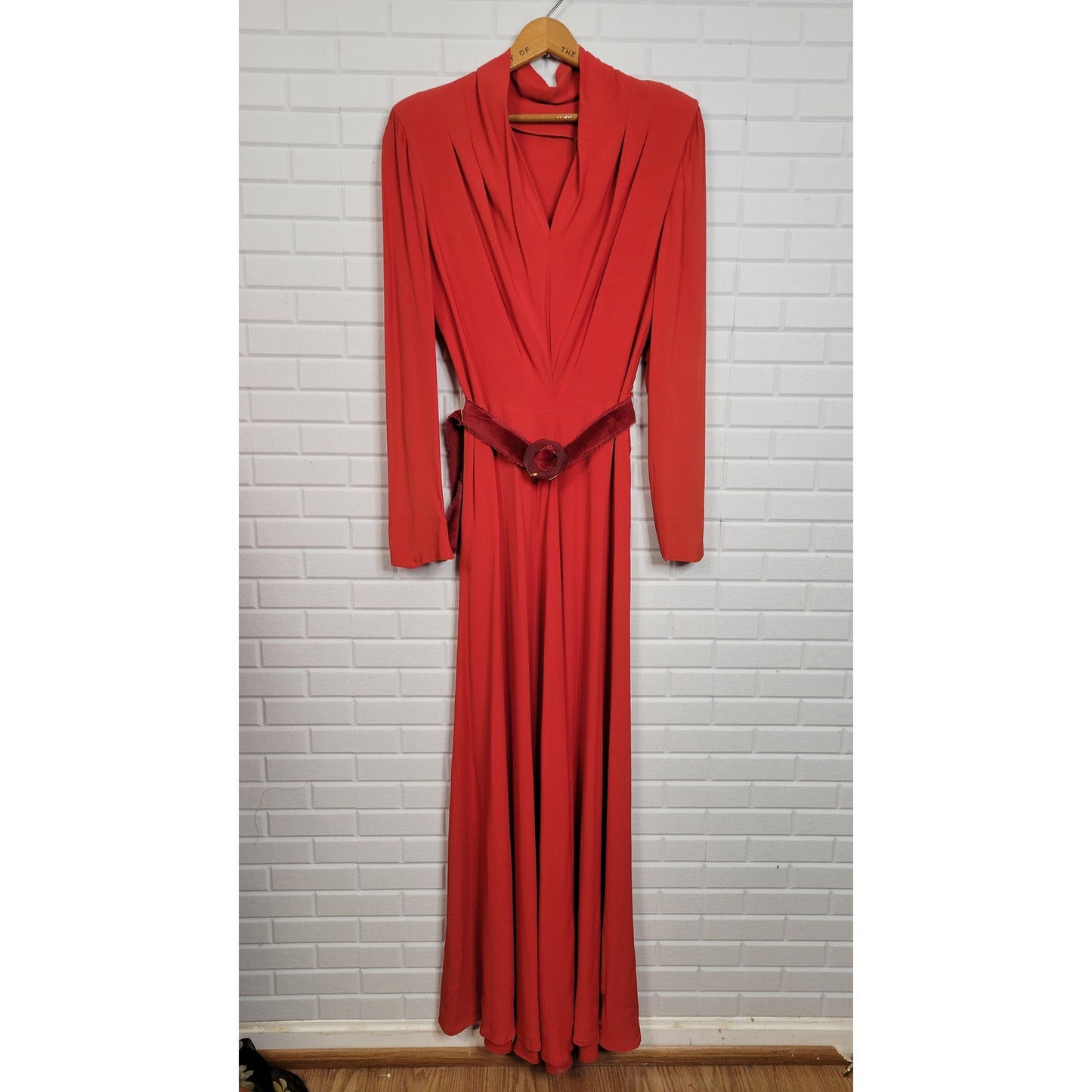 1930s rayon evening dress tapered sleeves tomato red elegant gown