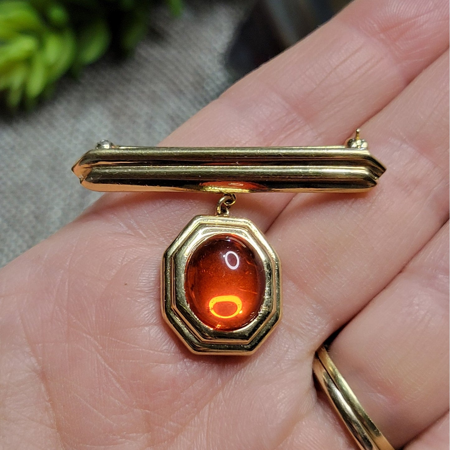 Signed Trifari bar brooch with orange jewel dangle vintage 1960s crown mark