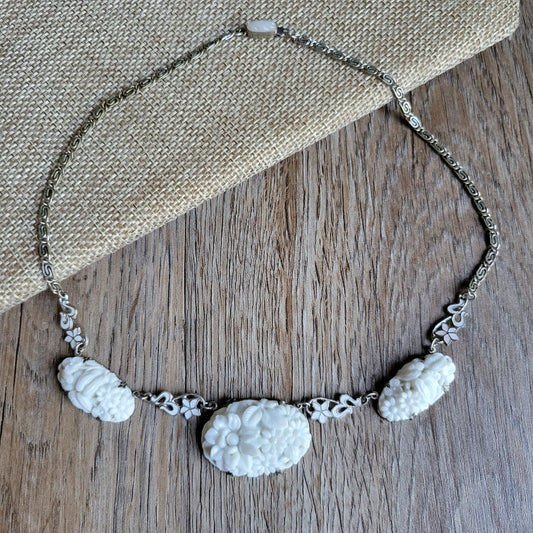 White Czechoslovakian molded glass floral choker necklace 1930s